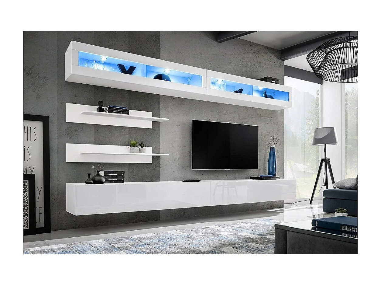 Ensemble de meubles suspendus avec LEDS collection FLY. Coloris blanc.