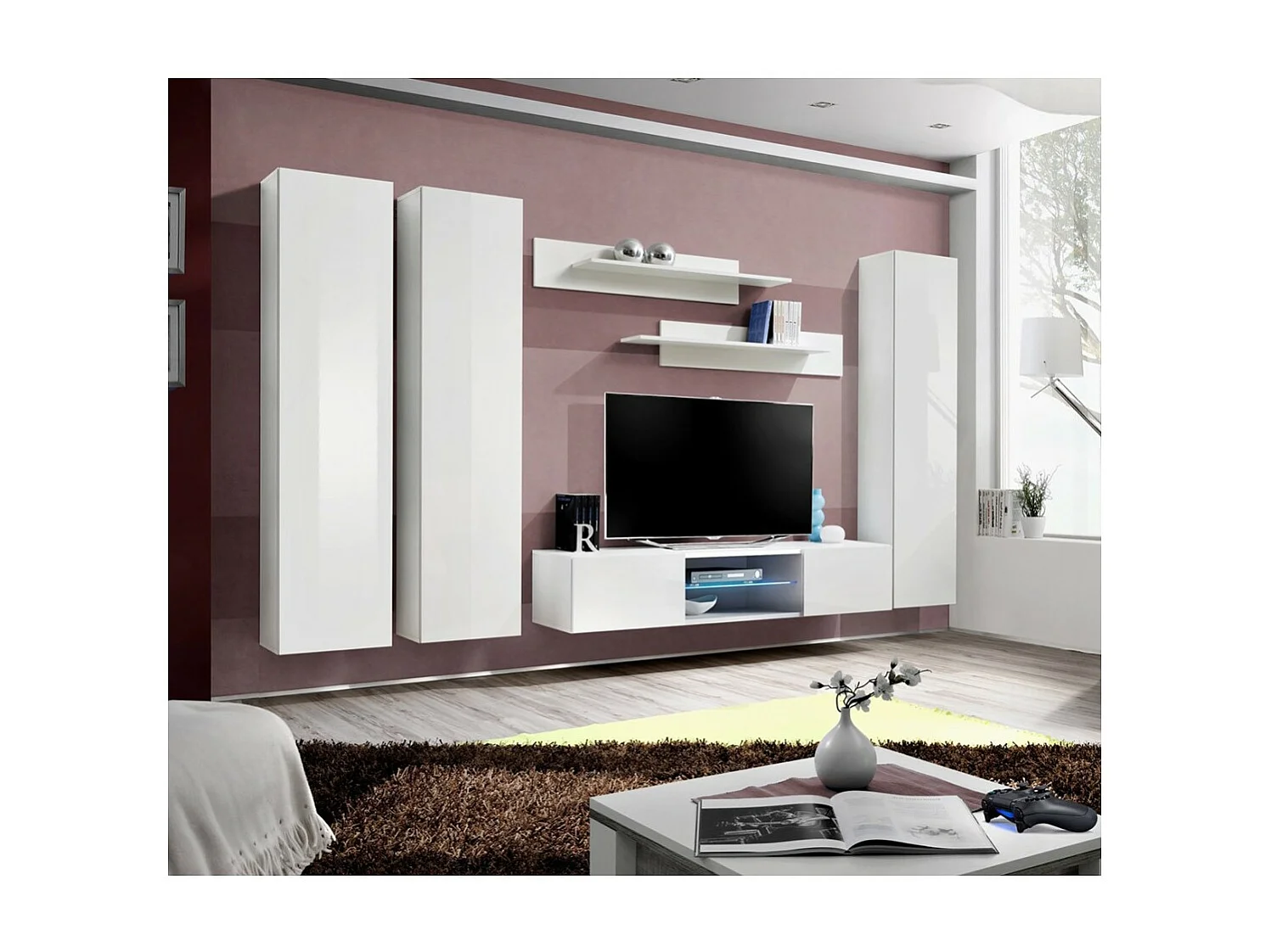 TV-Möbel-Set FLY P1 mit LED. Farbe Weiß. Design-Hängemöbel für Ihr Wohnzimmer.