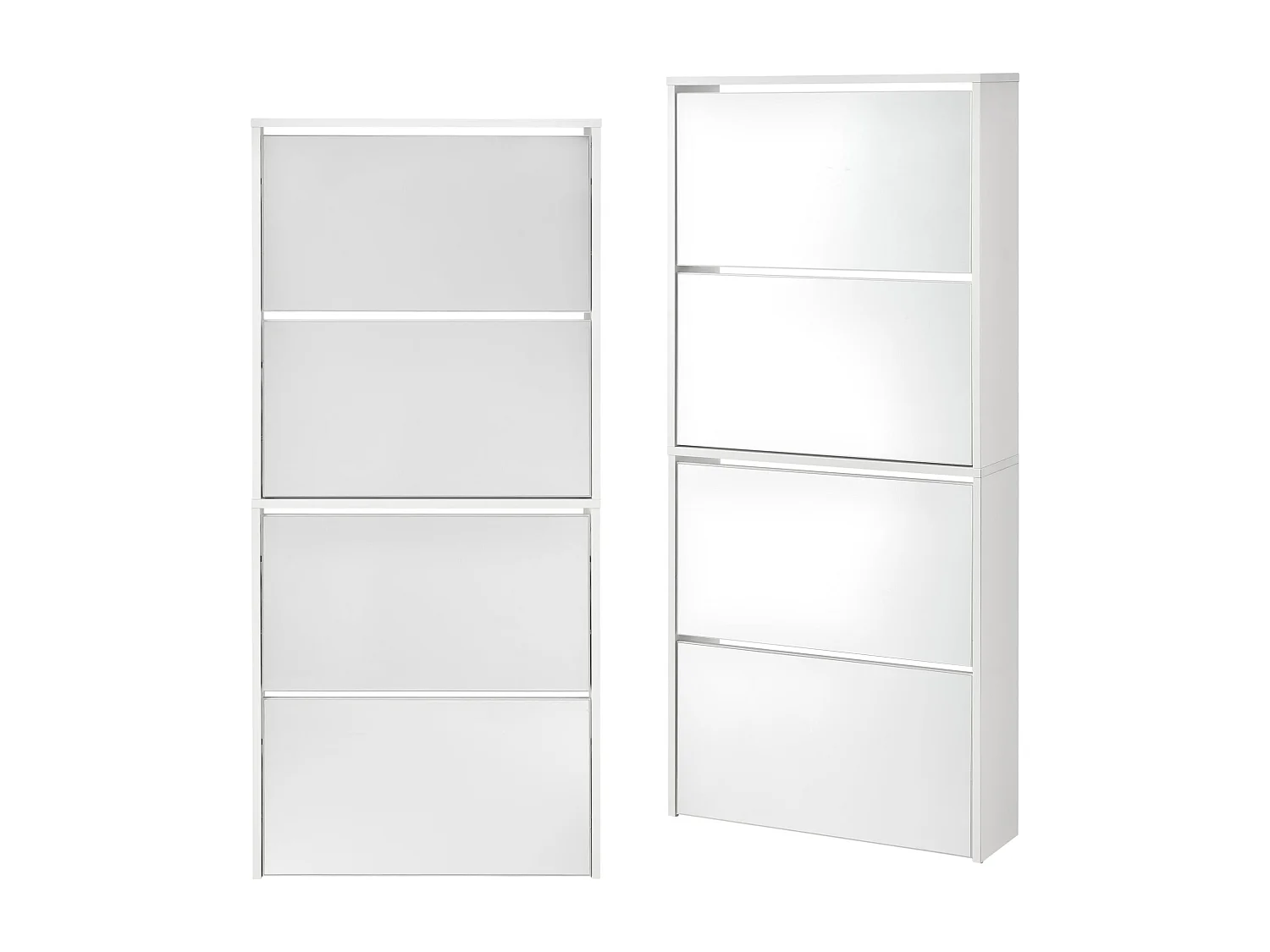 Zapatero de diseño mueble de almacenamiento con 4 compartimentos para 12 pares frente de espejo tablero de partículas de melamina 134 x 63 x 17 cm blanco 03_0005167