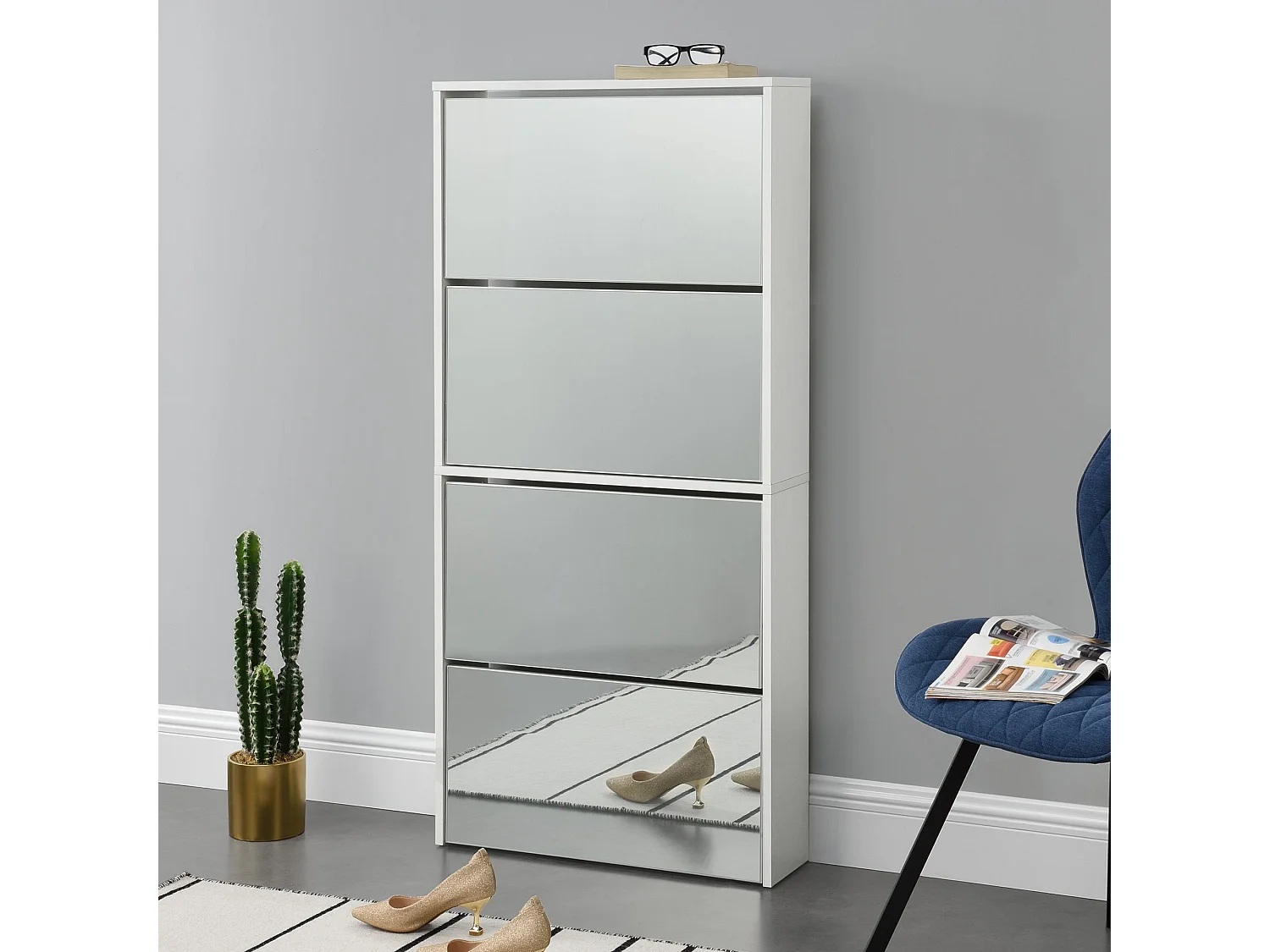 Zapatero de diseño mueble de almacenamiento con 4 compartimentos para 12 pares frente de espejo tablero de partículas de melamina 134 x 63 x 17 cm blanco 03_0005167