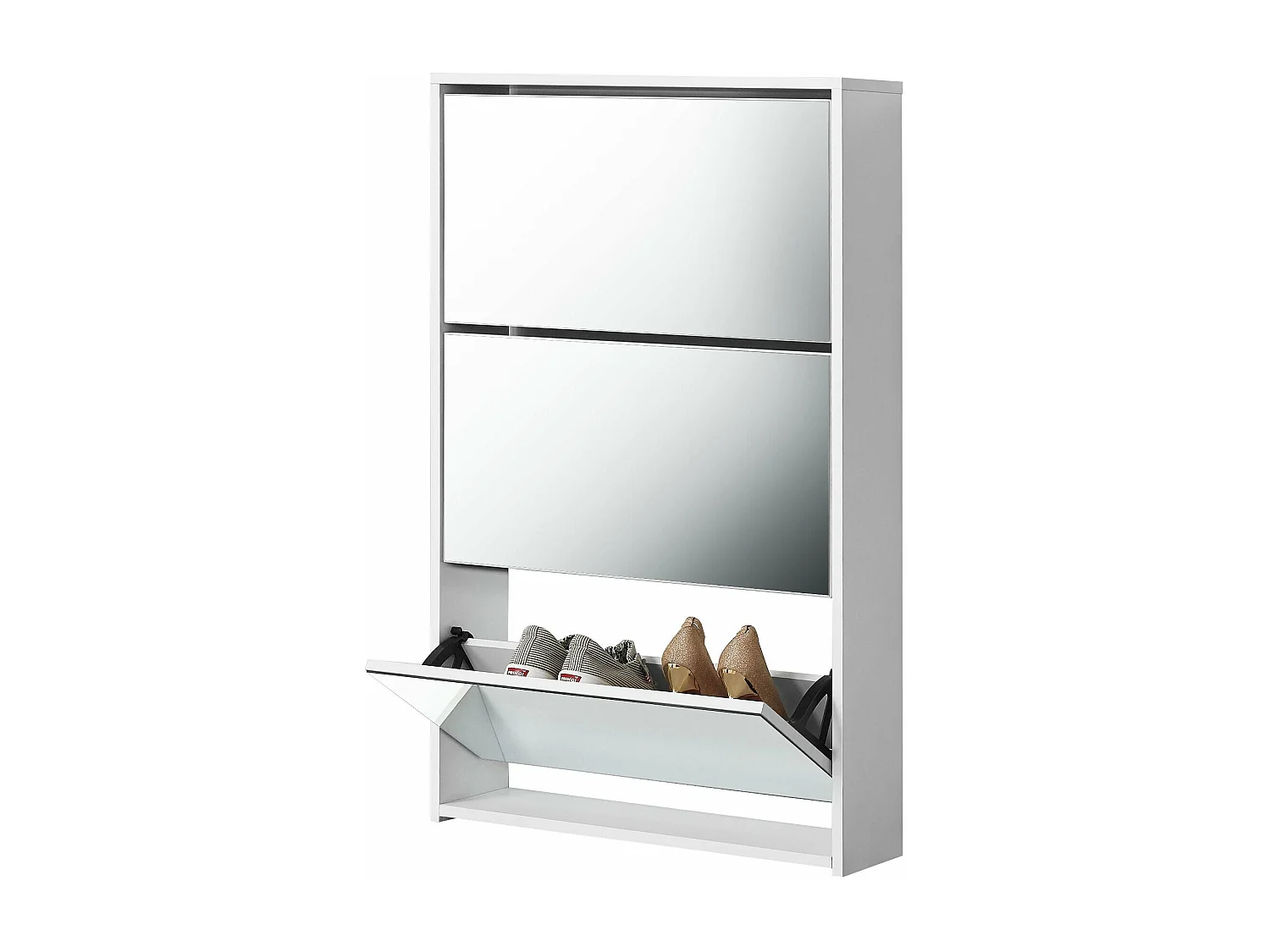 Zapatero zapatero para 9 pares de zapatos 3 superficies de almacenamiento de MDF con espejo 102,5 x 63 x 17 cm blanco 03_0002841