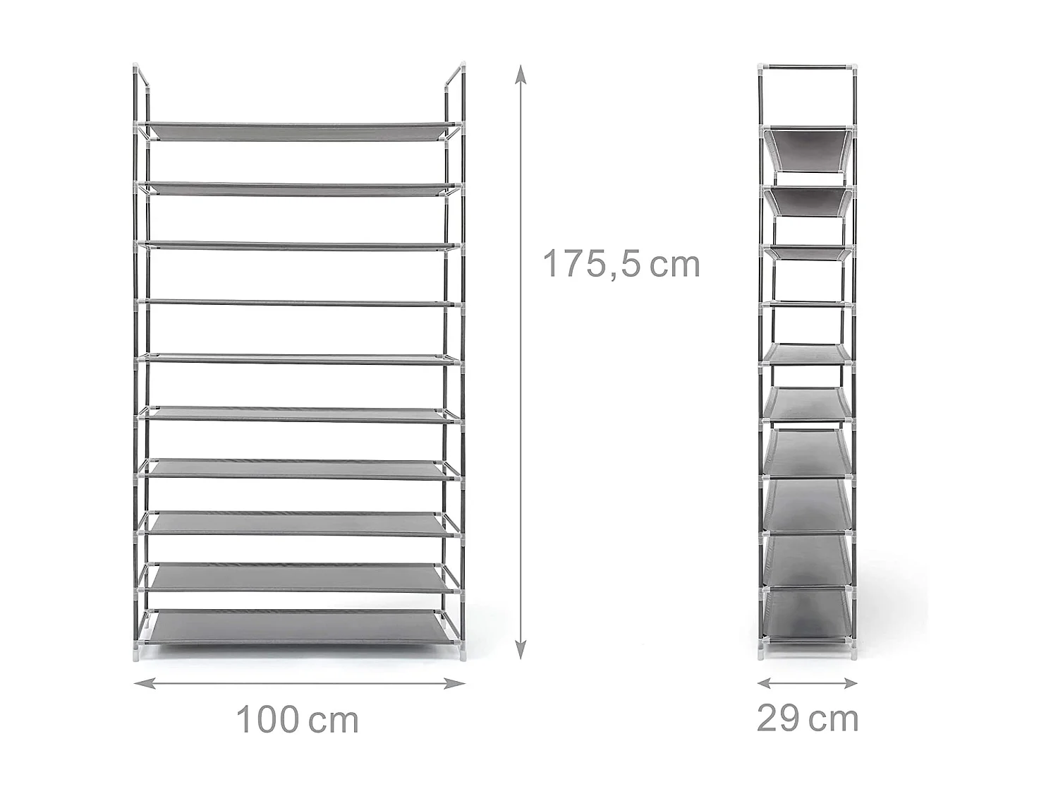 Zapatero para 50 pares zapatero 10 niveles compartimentos almacenaje pasillo sótano 175,5 cm gris 13_0001029