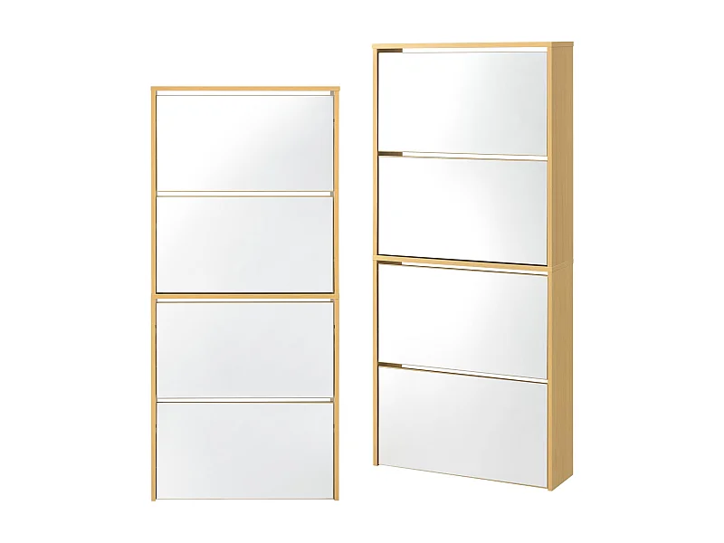Zapatero de diseño mueble de almacenamiento con 4 compartimentos para 12 pares frente de espejo tablero de partículas de melamina 134 x 63 x 17 cm haya 03_0005168
