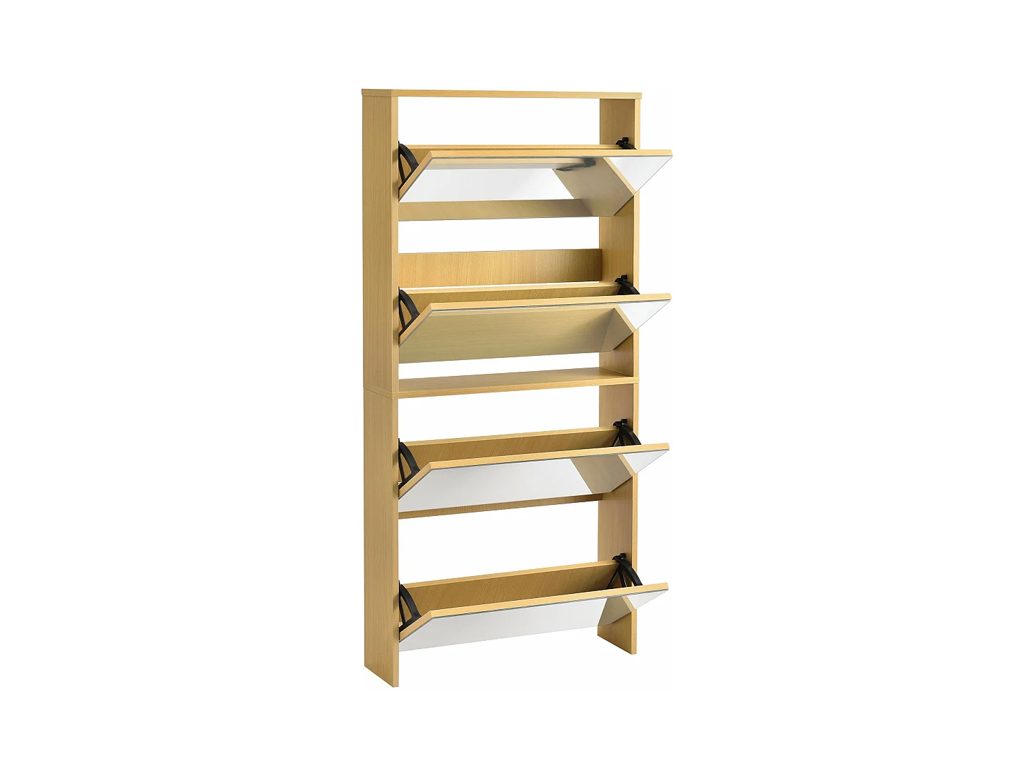 Zapatero de diseño mueble de almacenamiento con 4 compartimentos para 12 pares frente de espejo tablero de partículas de melamina 134 x 63 x 17 cm haya 03_0005168