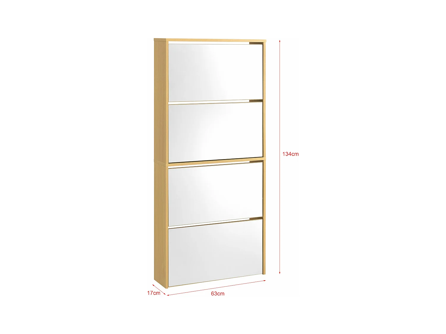 Zapatero de diseño mueble de almacenamiento con 4 compartimentos para 12 pares frente de espejo tablero de partículas de melamina 134 x 63 x 17 cm haya 03_0005168