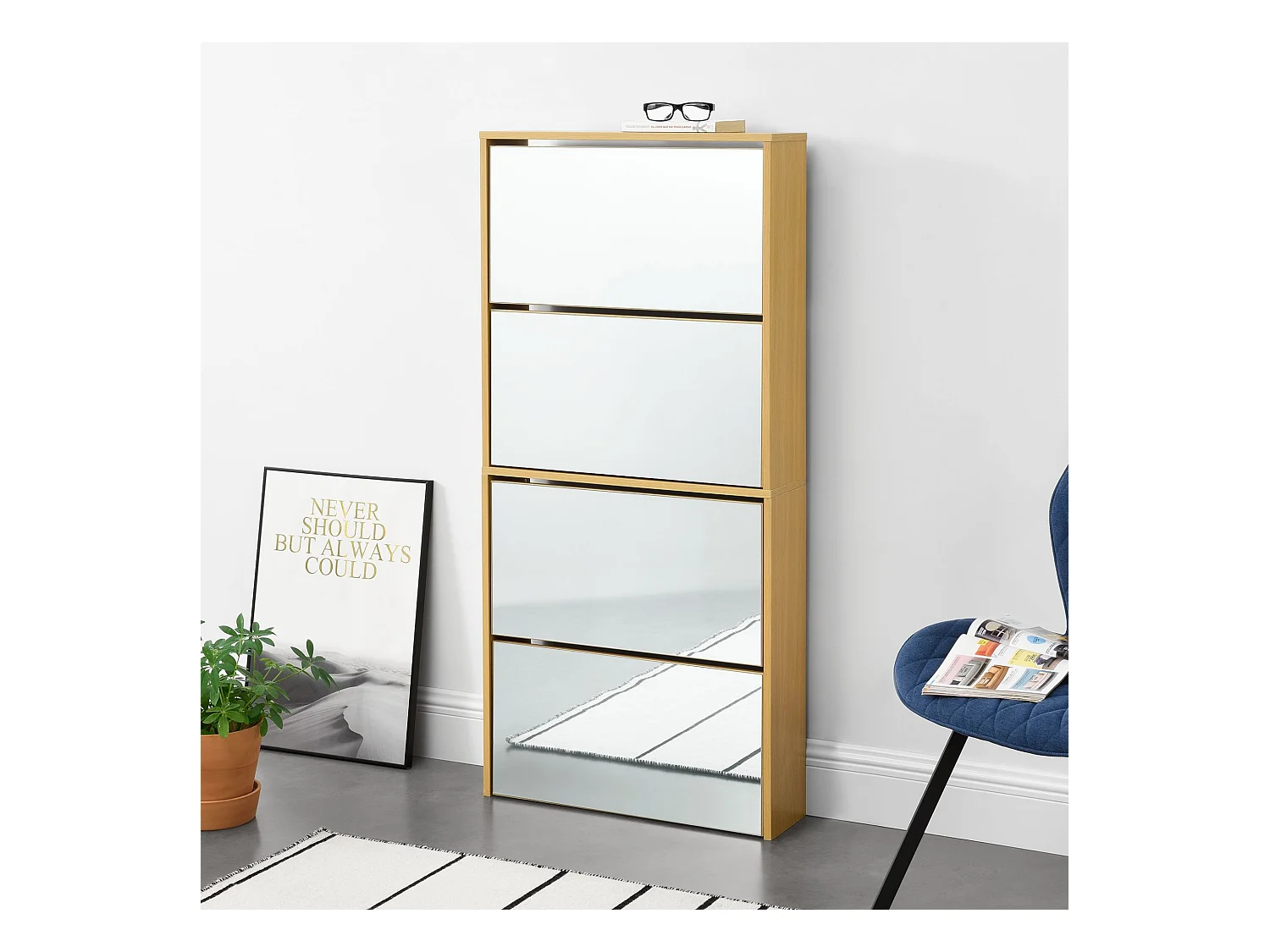 Zapatero de diseño mueble de almacenamiento con 4 compartimentos para 12 pares frente de espejo tablero de partículas de melamina 134 x 63 x 17 cm haya 03_0005168