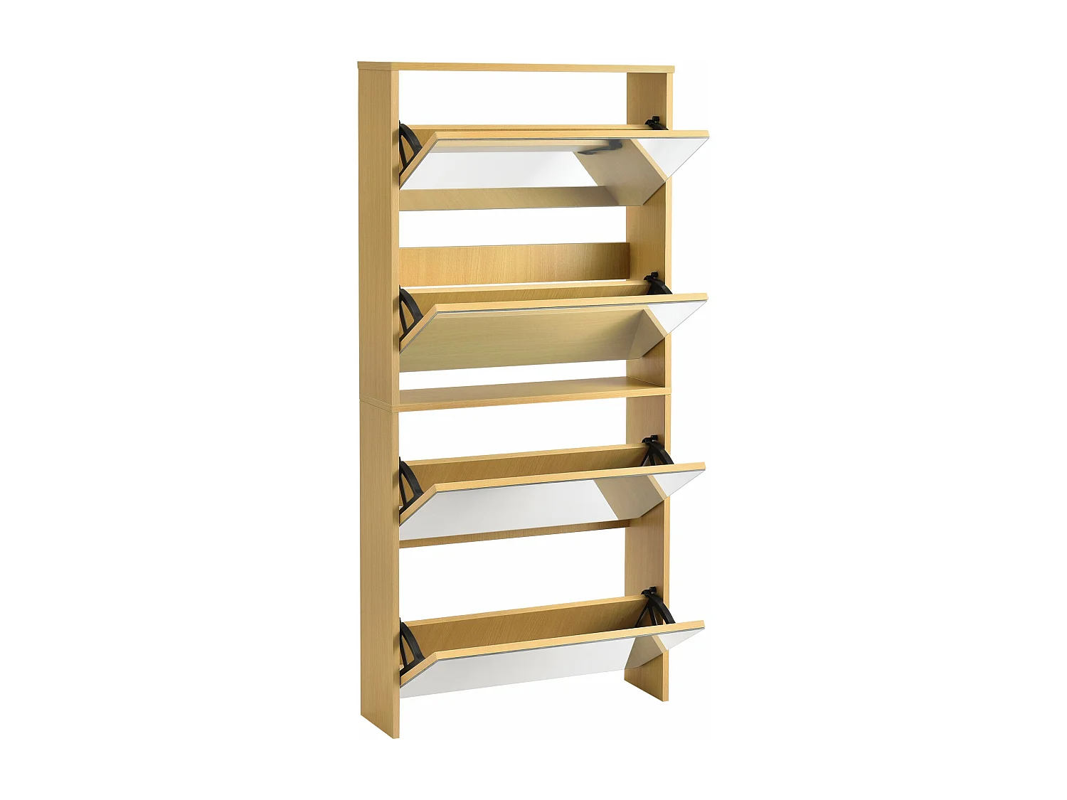 Zapatero de diseño mueble de almacenamiento con 4 compartimentos para 12 pares frente de espejo tablero de partículas de melamina 134 x 63 x 17 cm haya 03_0005168