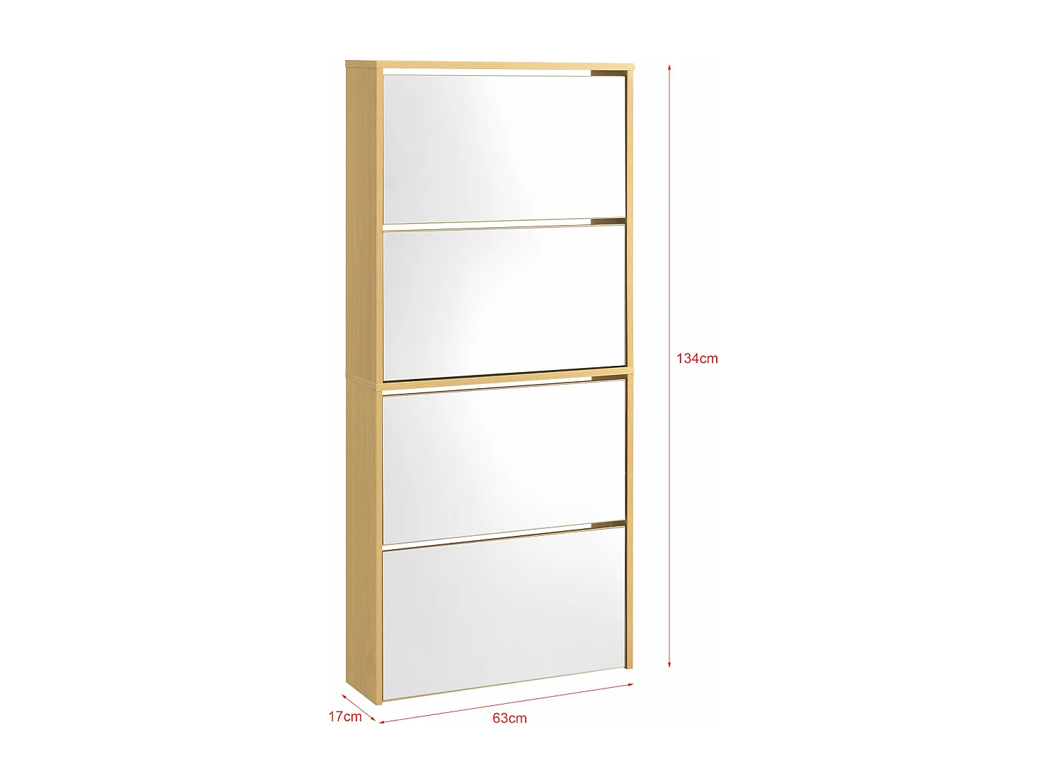 Zapatero de diseño mueble de almacenamiento con 4 compartimentos para 12 pares frente de espejo tablero de partículas de melamina 134 x 63 x 17 cm haya 03_0005168