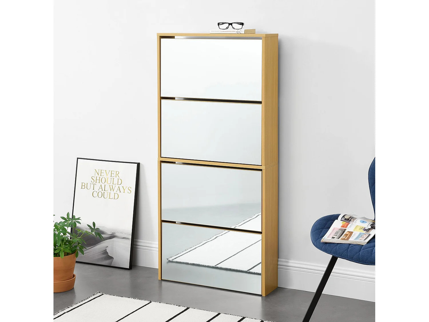 Zapatero de diseño mueble de almacenamiento con 4 compartimentos para 12 pares frente de espejo tablero de partículas de melamina 134 x 63 x 17 cm haya 03_0005168