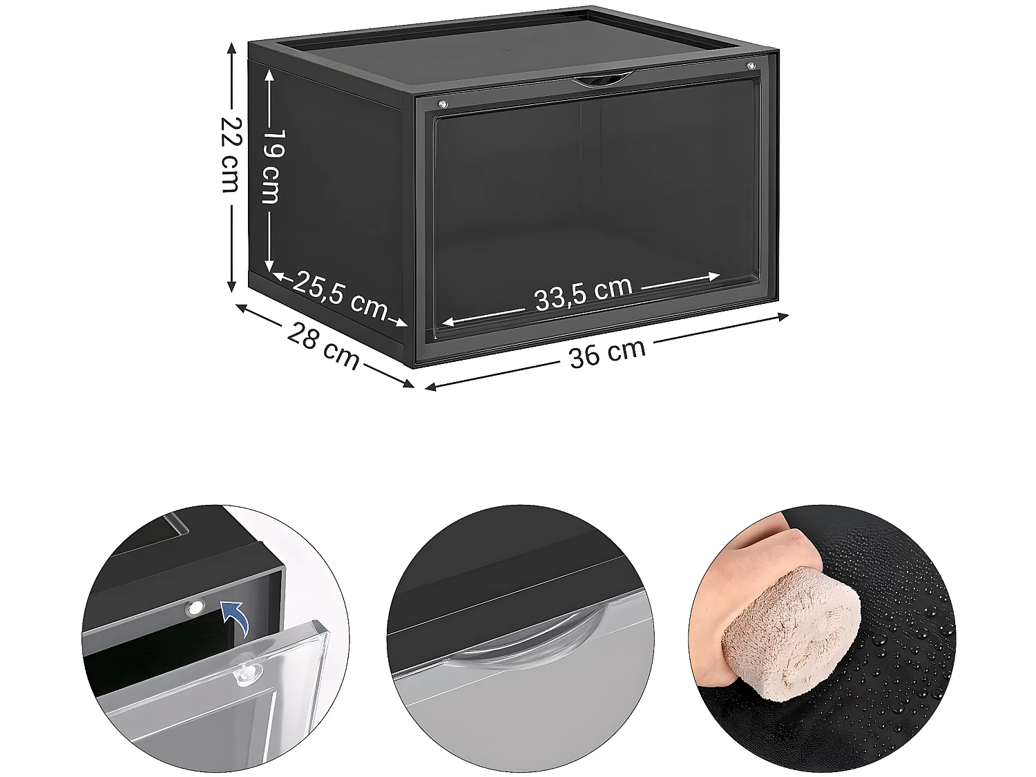 Boîtes à chaussures lot de 6 coffre de rangement empilable avec porte en plastique 36 x 28 x 22 cm pointure jusqu’à 46 transparent et noir 12_0000127