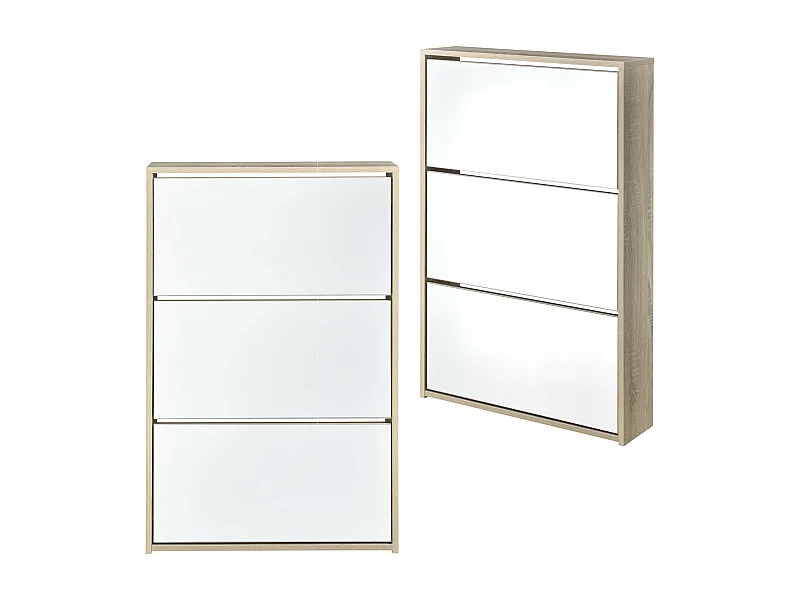 Zapatero zapatero para 9 pares de zapatos 3 superficies de almacenamiento de MDF con espejo 102,5 x 63 x 17 cm roble 03_0002842