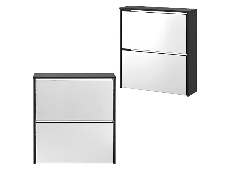 Zapatero de diseño mueble de almacenamiento con 2 compartimentos para 6 pares frente de espejo tablero de partículas de melamina 67 x 63 x 17 cm negro 03_0005164