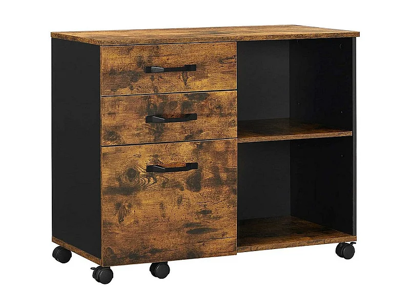 Armário de caixa com 3 gavetas e aparadores abertos para documentos em formato A4 suporte para impressora estilo industrial 80 cm marrom rústico e preto 12_0002403