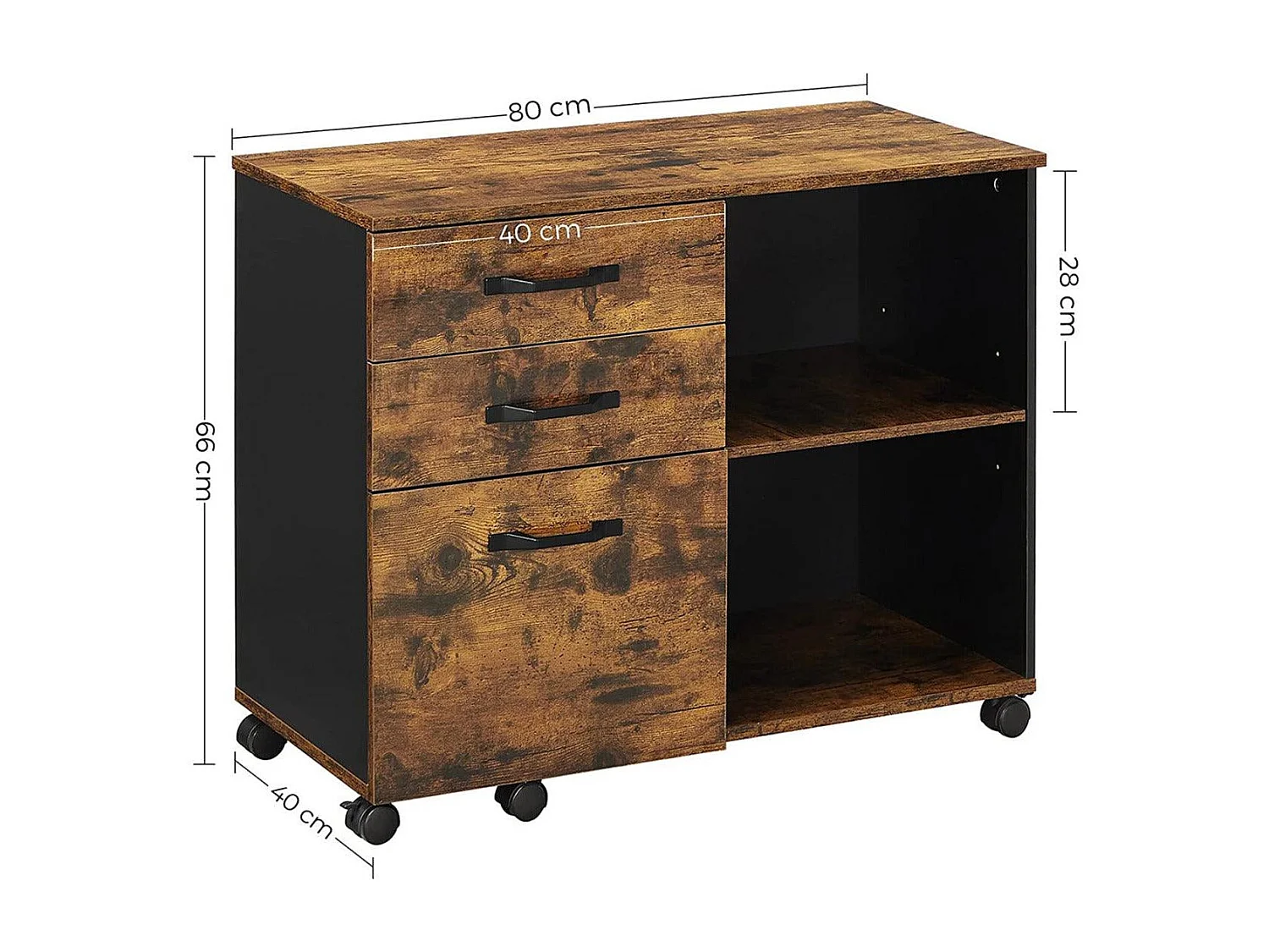 Mobile box office 3 cassetti con vani laterali a giorno per documenti formato A4 supporto stampante stile industriale 80 cm marrone rustico e nero 12_0002403