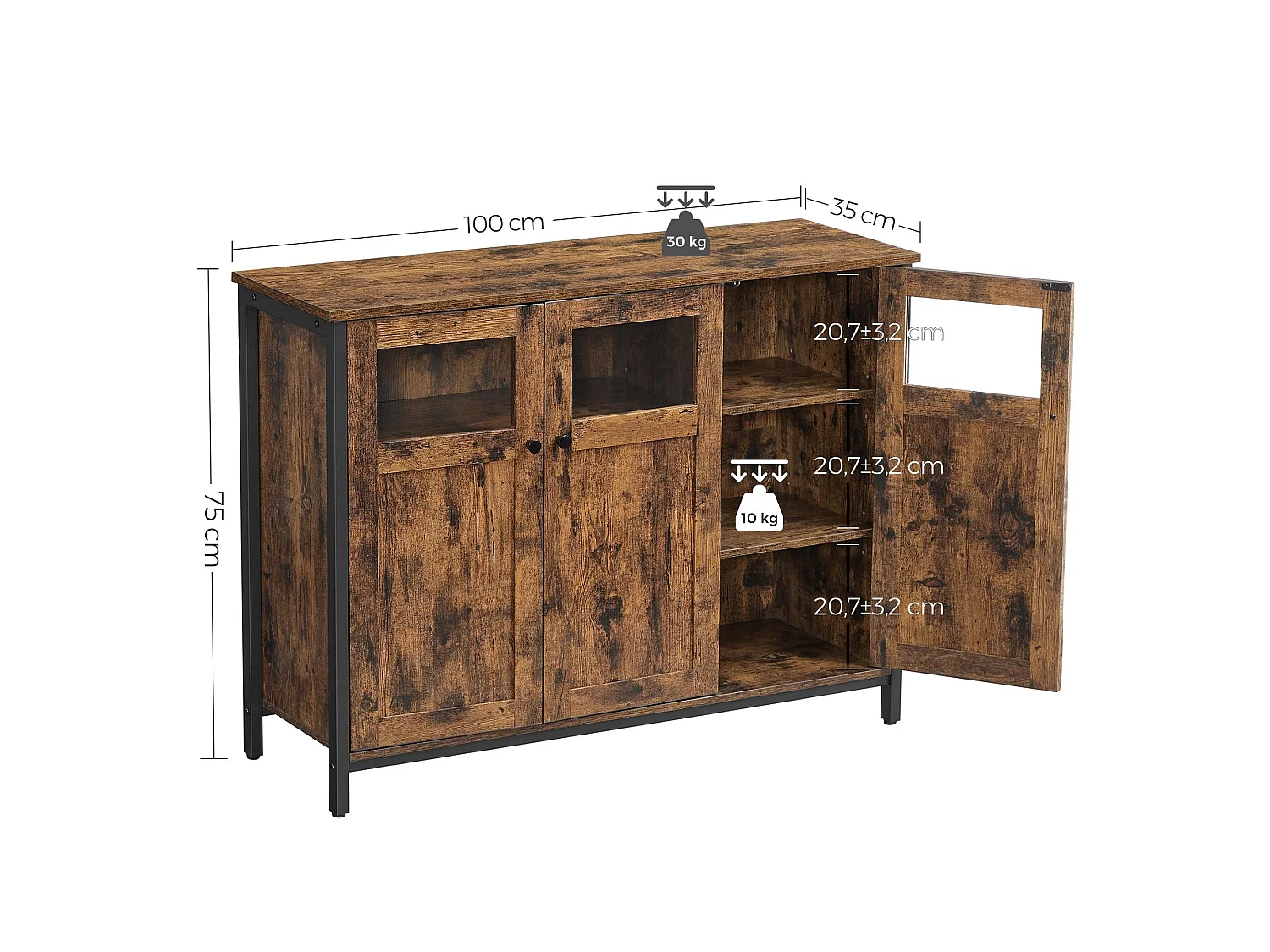 Meuble de rangement buffet avec placard 3 portes pour salle à manger salon cuisine entrée cadre en acier style industriel 100 cm marron rustique et noir 12_0002405