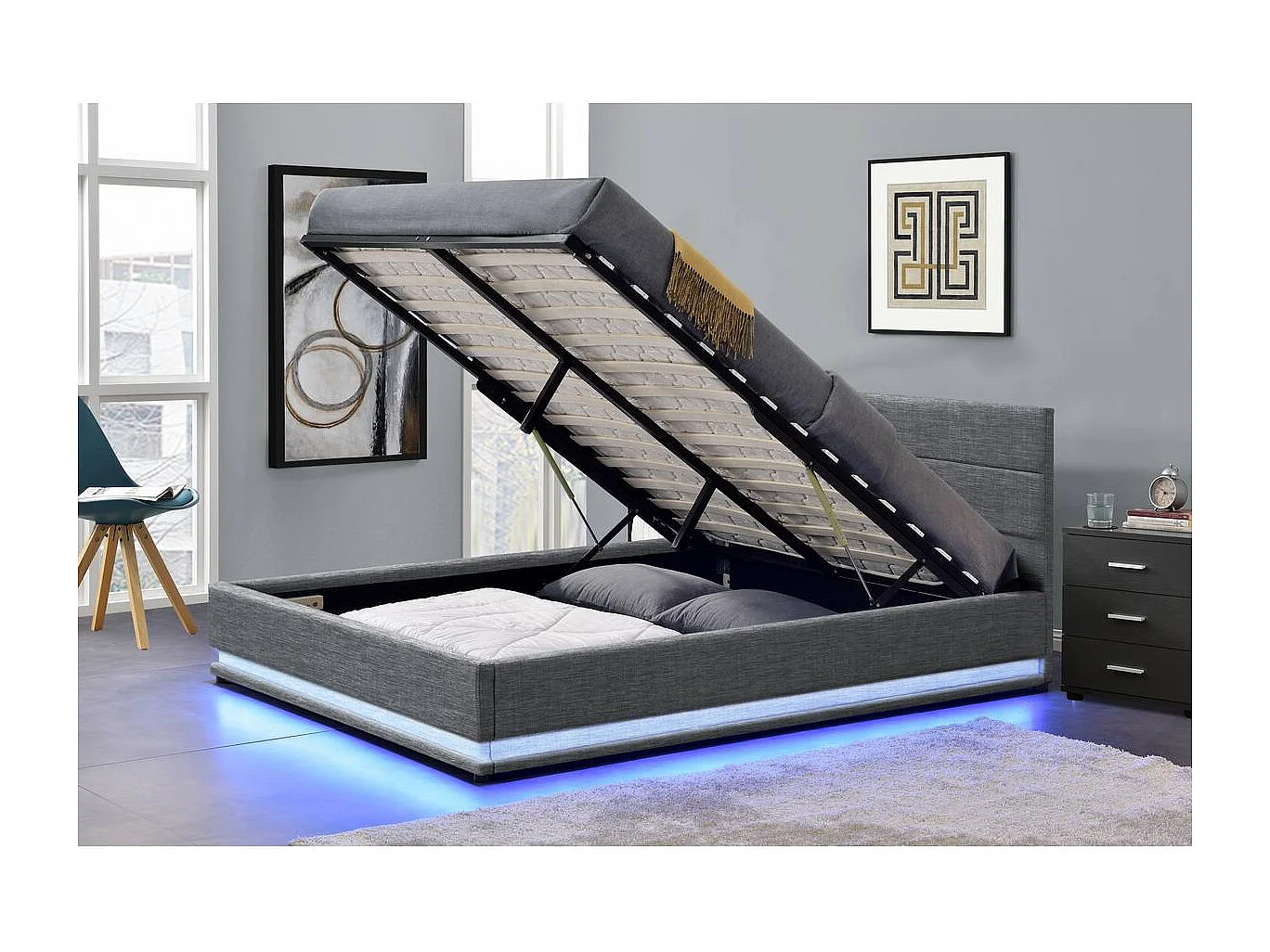 LED-bed met opbergbox "Anastasia" - 180 x 200 - Donkergrijs, modern design met LED-verlichting en praktische opbergruimte