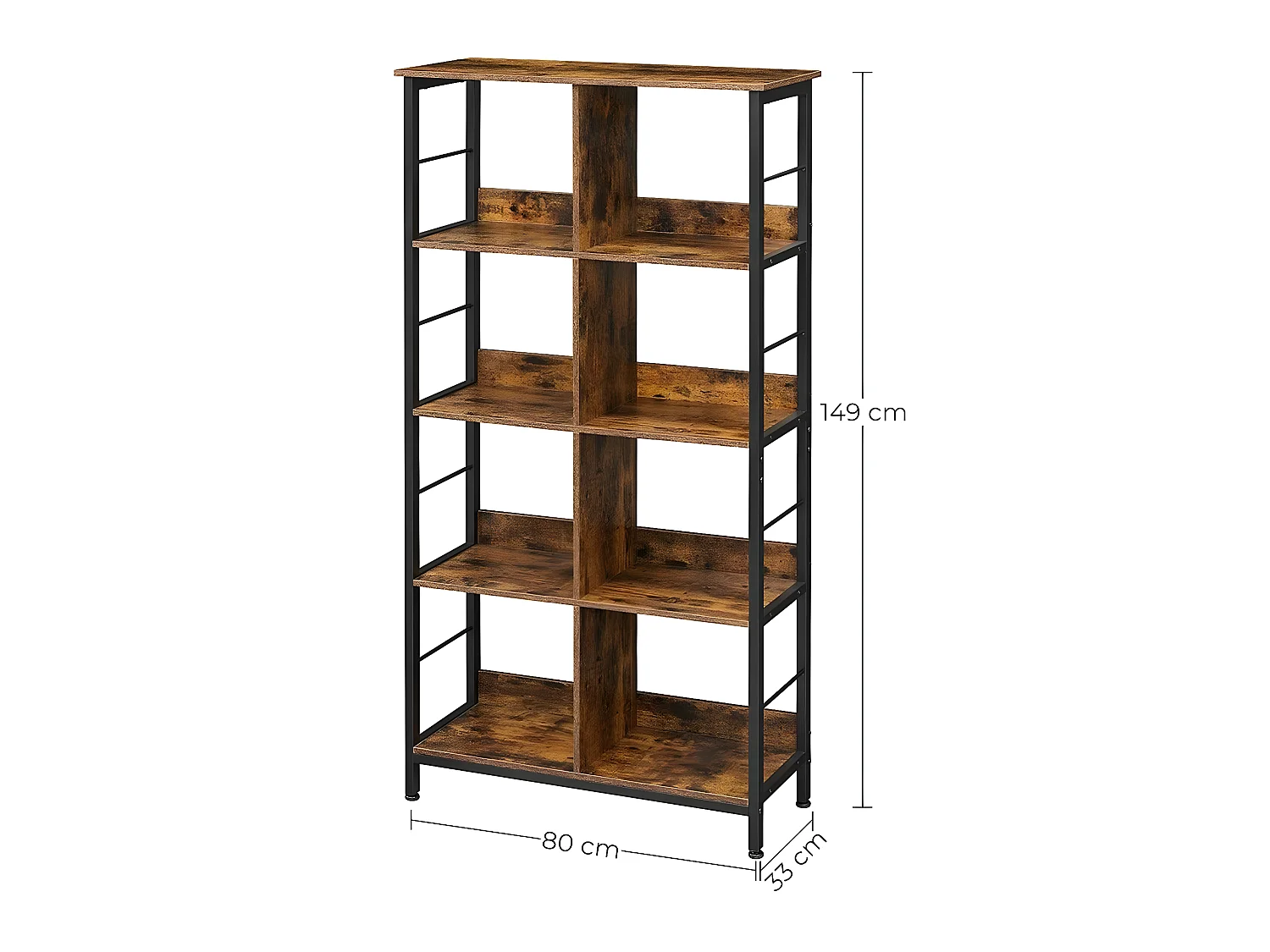 Libreria 8 scomparti libreria a giorno per ufficio soggiorno camera da letto 80 x 33 x 149 cm stile industriale rustico marrone e nero 12_0001470