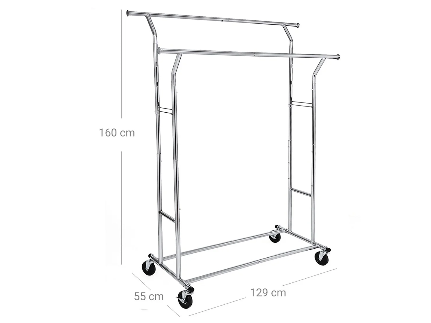 Portant à vêtements penderie métallique charge max 110 kg double barres extensibles hauteur réglable mobile avec roulettes mètal chromé 12_0003662