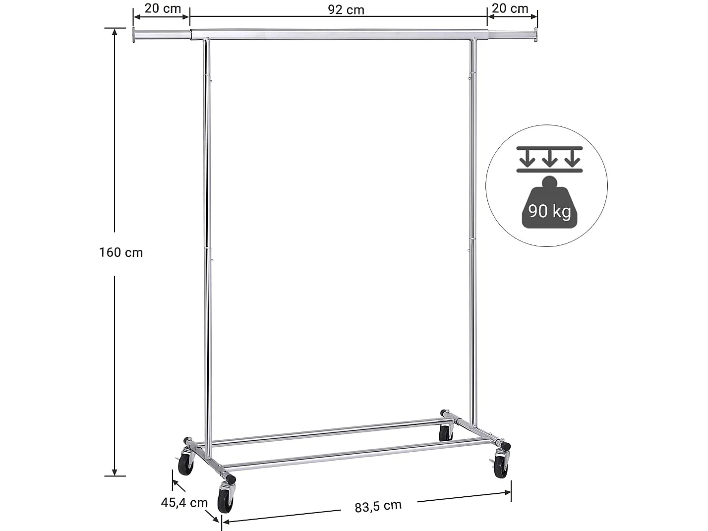 Portant penderie à vêtements charge 90 kg portant à roulettes en métal chromé longueur réglable pliable mobile style industriel 12_0000842