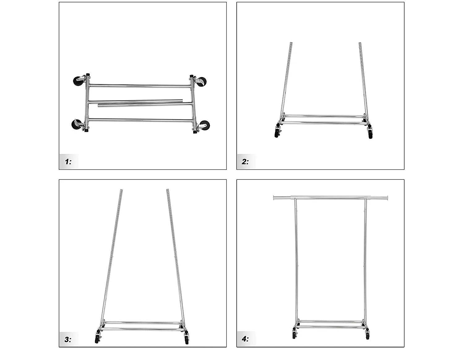 Portant penderie à vêtements charge 90 kg portant à roulettes en métal chromé longueur réglable pliable mobile style industriel 12_0000842