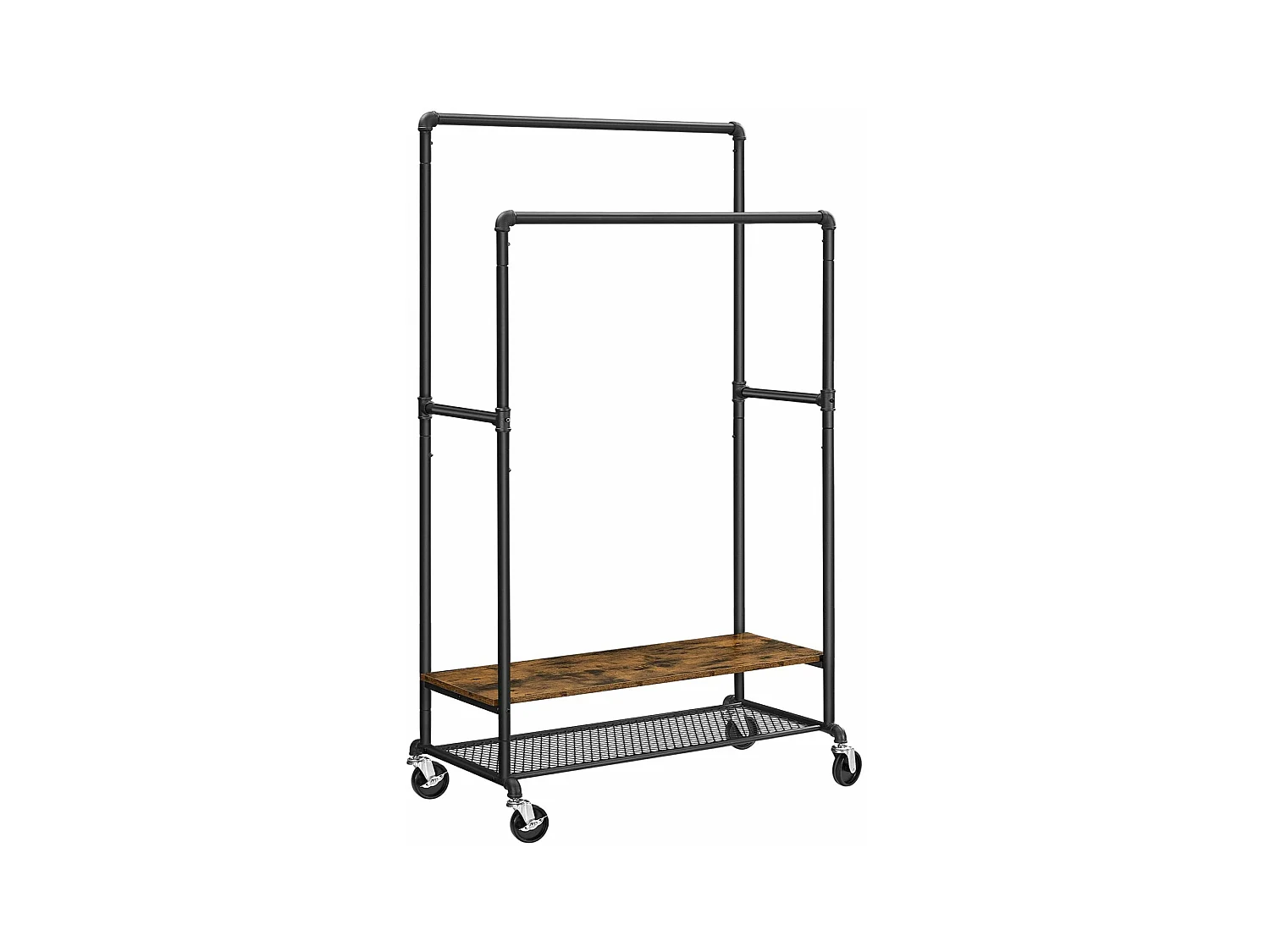 Portant à vêtements porte-manteau extensible support habits sur roulettes avec 2 barres façon tuyaux style industriel 175 cm marron rustique et noir 12_0002350