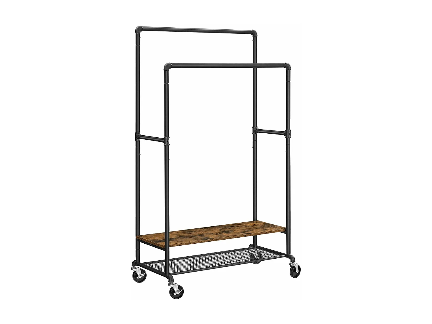 Portant à vêtements porte-manteau extensible support habits sur roulettes avec 2 barres façon tuyaux style industriel 175 cm marron rustique et noir 12_0002350