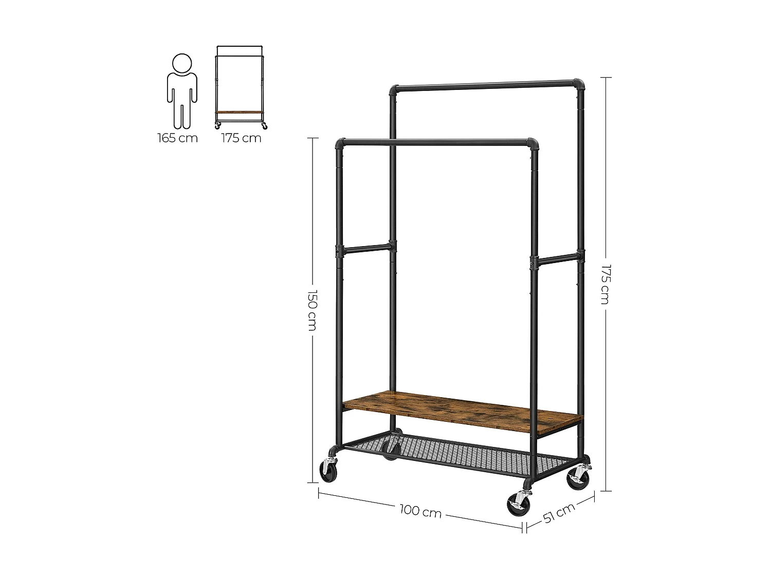 Portant à vêtements porte-manteau extensible support habits sur roulettes avec 2 barres façon tuyaux style industriel 175 cm marron rustique et noir 12_0002350