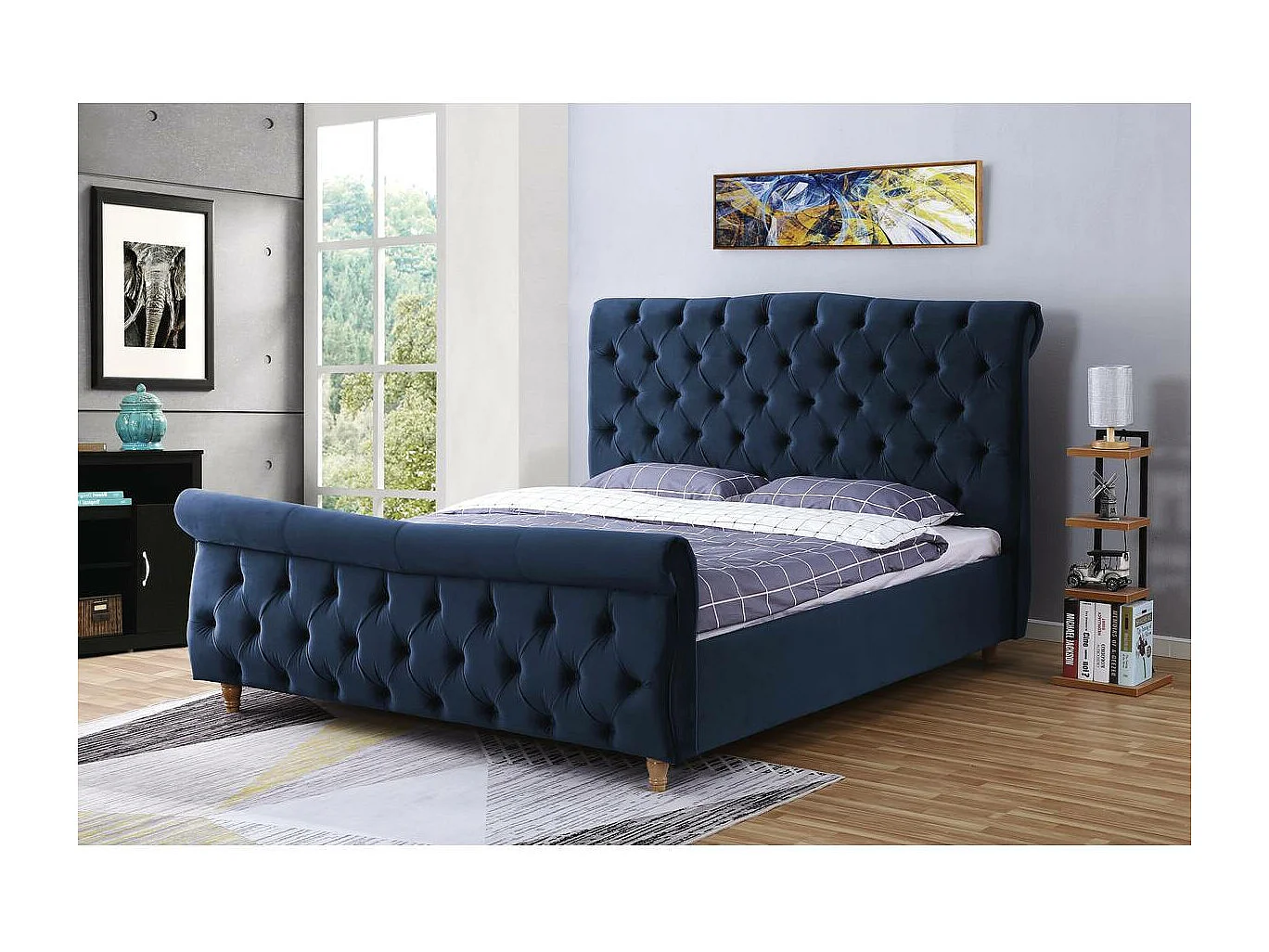 Cama de veludo "Richard" 140x190cm Azul - Cabeceira elegante e acolhedora de veludo