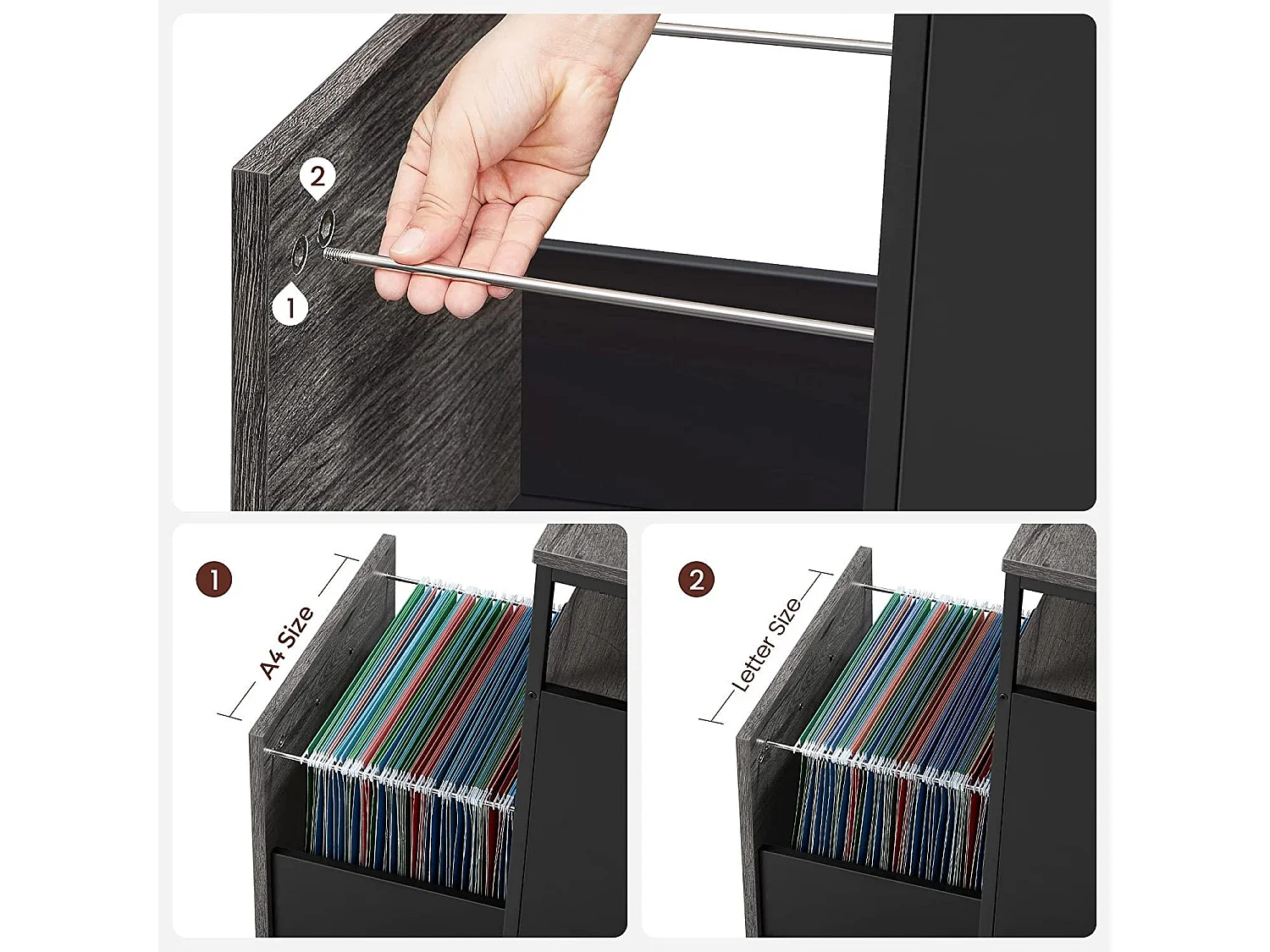 Caisson de bureau 2 tiroirs placard de rangement mobile avec roulettes emplacement ouvert style industriel 66 cm gris anthracite et noir 12_0001473