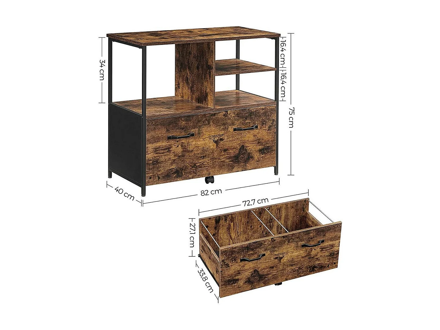 Caixa com gaveta unidade de escritório para impressora de arquivo suspensa formato A4 suporte estilo industrial 82 cm rústico marrom e preto 12_0001479