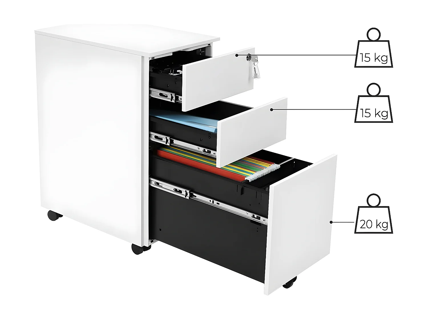 Caisson armoire de bureau placard de rangement mobile avec roulettes et serrure pour documents et dossier suspendu avec 3 tiroirs 60 cm blanc 12_0001480