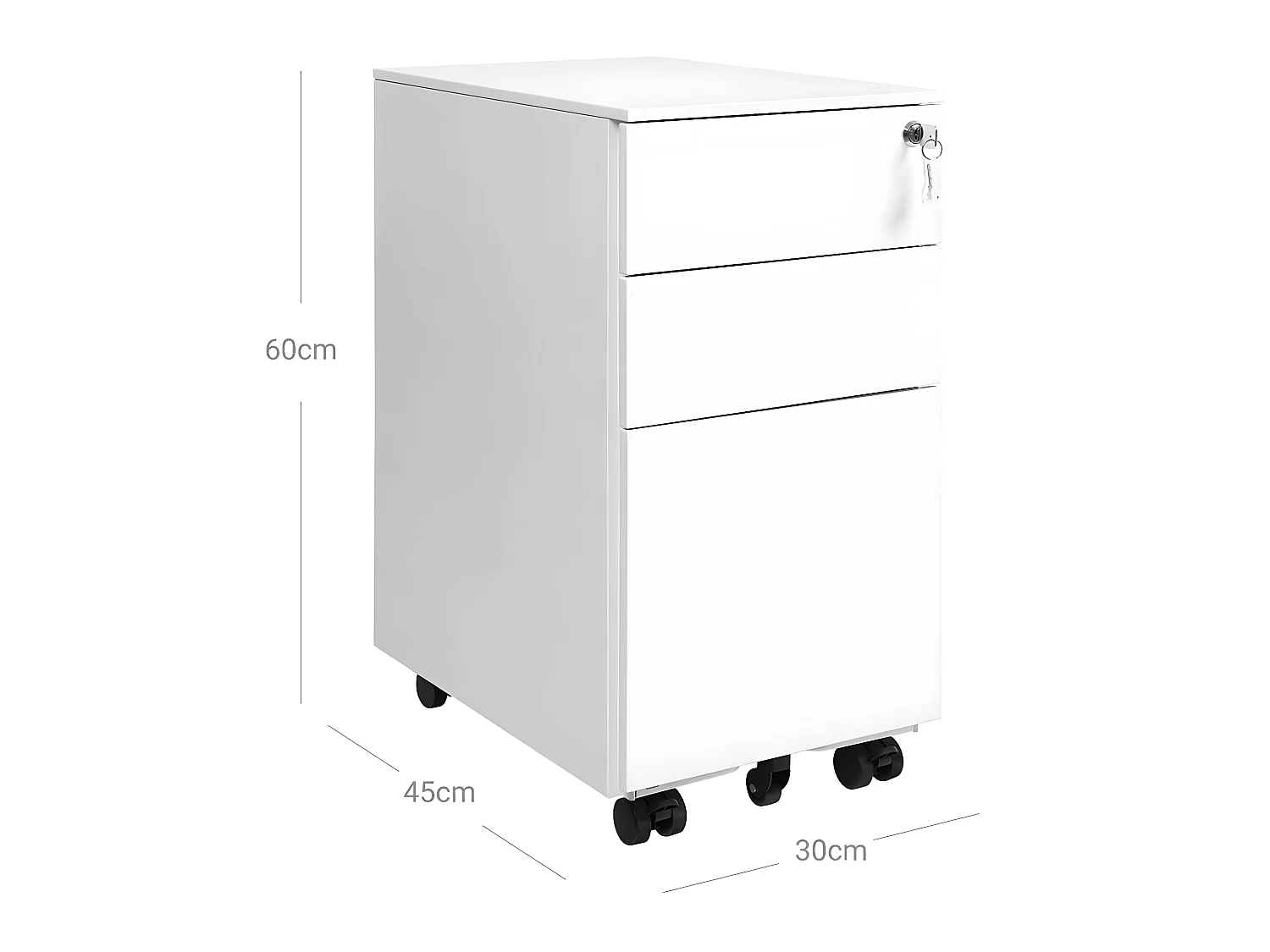 Caisson armoire de bureau placard de rangement mobile avec roulettes et serrure pour documents et dossier suspendu avec 3 tiroirs 60 cm blanc 12_0001480