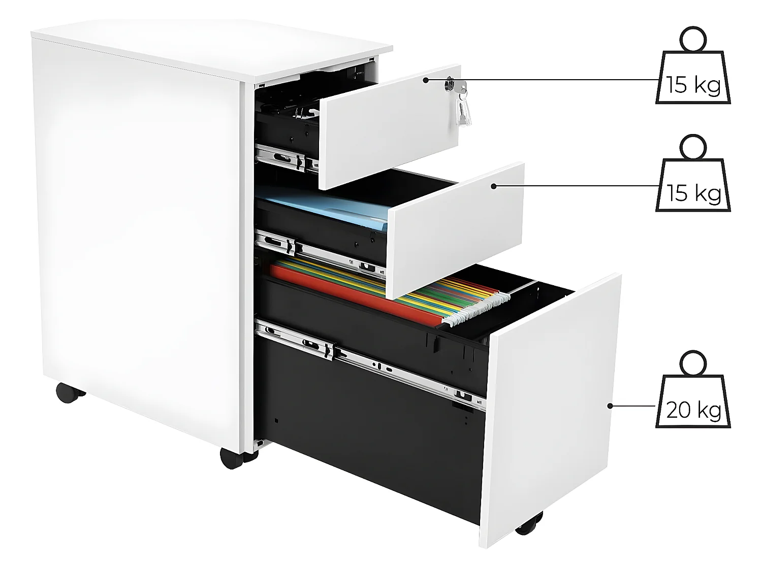 Caisson armoire de bureau placard de rangement mobile avec roulettes et serrure pour documents et dossier suspendu avec 3 tiroirs 60 cm blanc 12_0001480