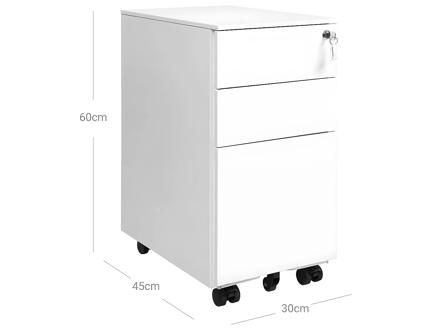 Caisson armoire de bureau placard de rangement mobile avec roulettes et serrure pour documents et dossier suspendu avec 3 tiroirs 60 cm blanc 12_0001480