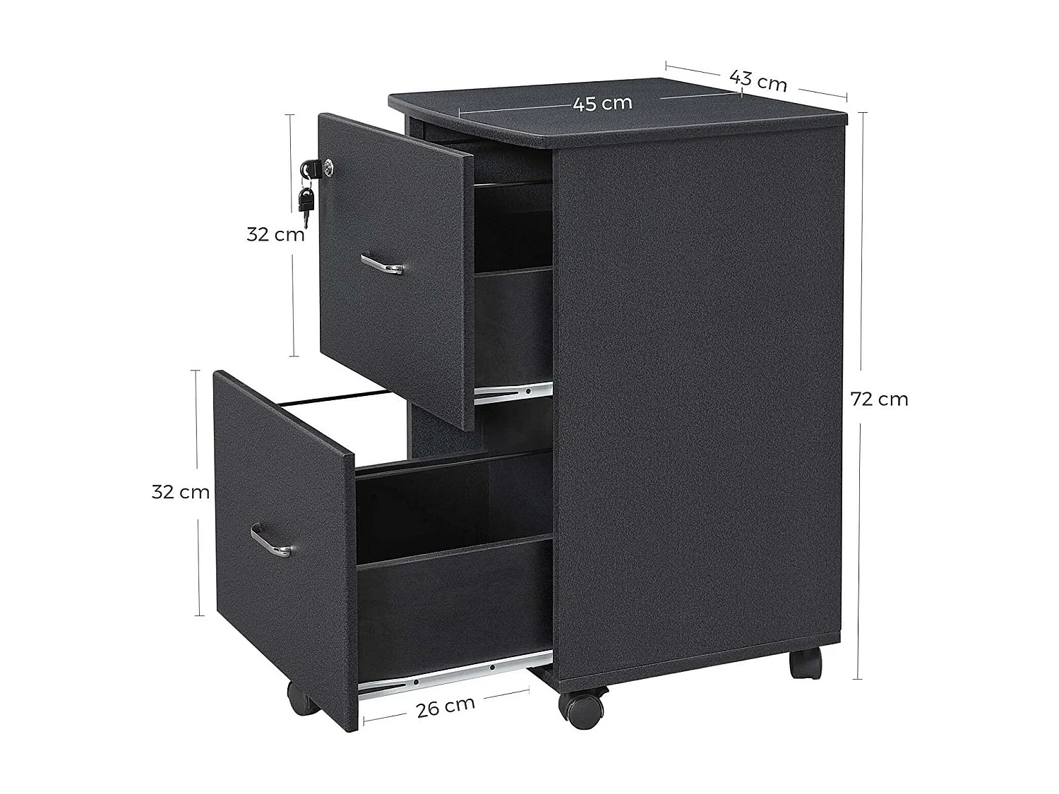 Pedestal móvel de escritório com fechadura 2 gavetas sistema de travamento com rodízio trilhos de suspensão ajustáveis ​​72 cm granito preto 12_0000354