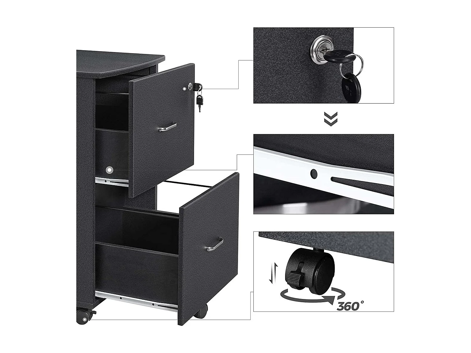 Pedestal móvel de escritório com fechadura 2 gavetas sistema de travamento com rodízio trilhos de suspensão ajustáveis ​​72 cm granito preto 12_0000354