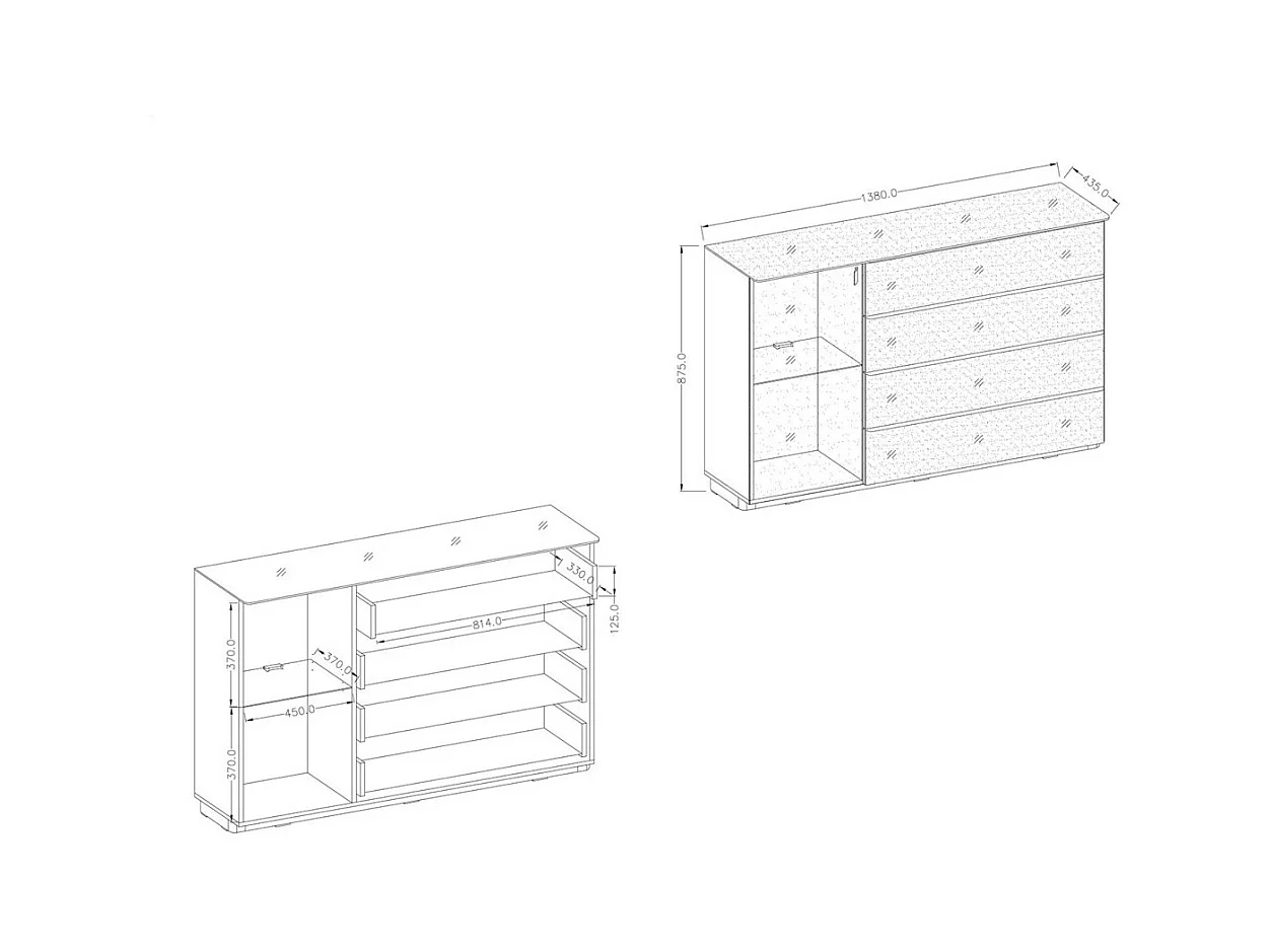 Buffet TONGA 138x87,5x43,5 cm mit 4 Schubladen und 1 Tür, in glänzendem Weiß