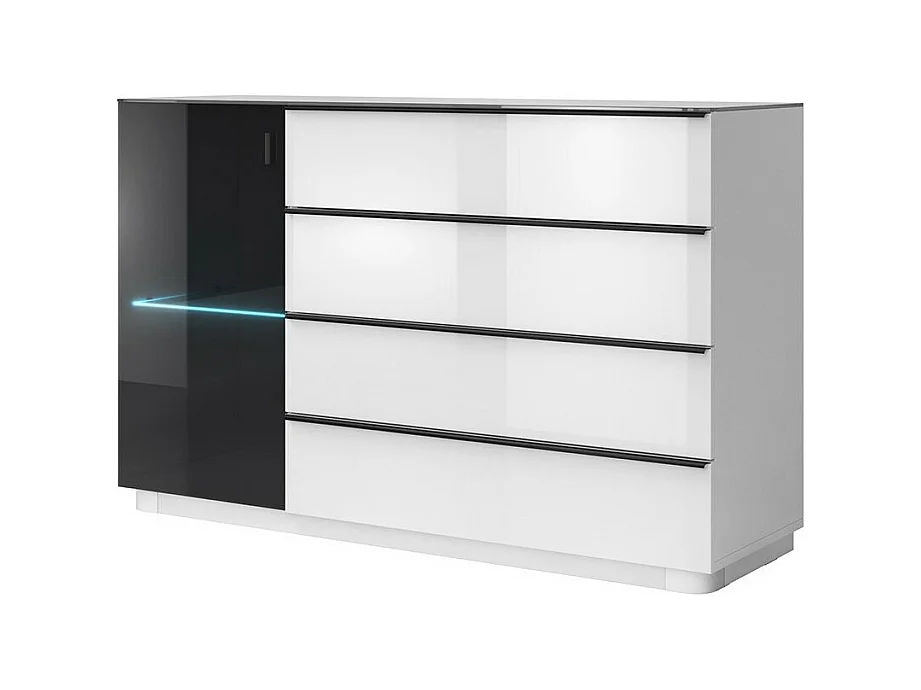 Buffet TONGA 138x87.5x43.5 cm avec 4 tiroirs et 1 porte, coloris blanc brillant