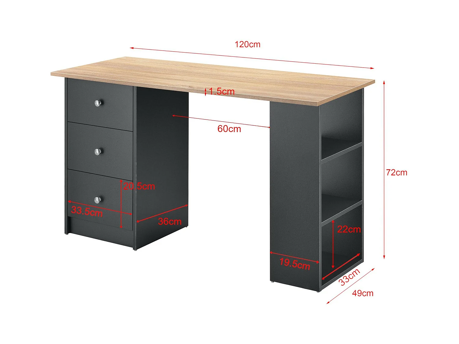 Escritorio secreter puesto de trabajo para ordenador con 3 cajones 120 cm gris oscuro y madera 03_0004712