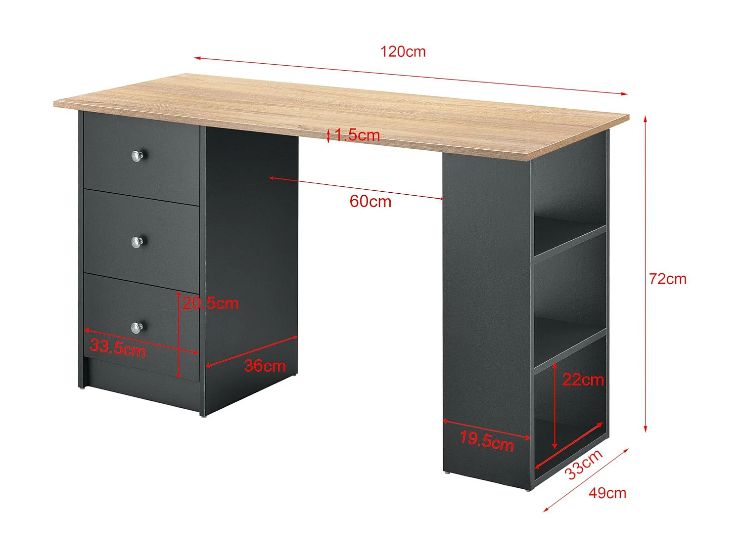 Escritorio secreter puesto de trabajo para ordenador con 3 cajones 120 cm gris oscuro y madera 03_0004712