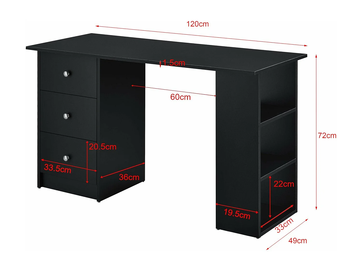 Mesa mesa estação de trabalho para computador com 3 gavetas madeira melamina 120 cm preto 03_0004713