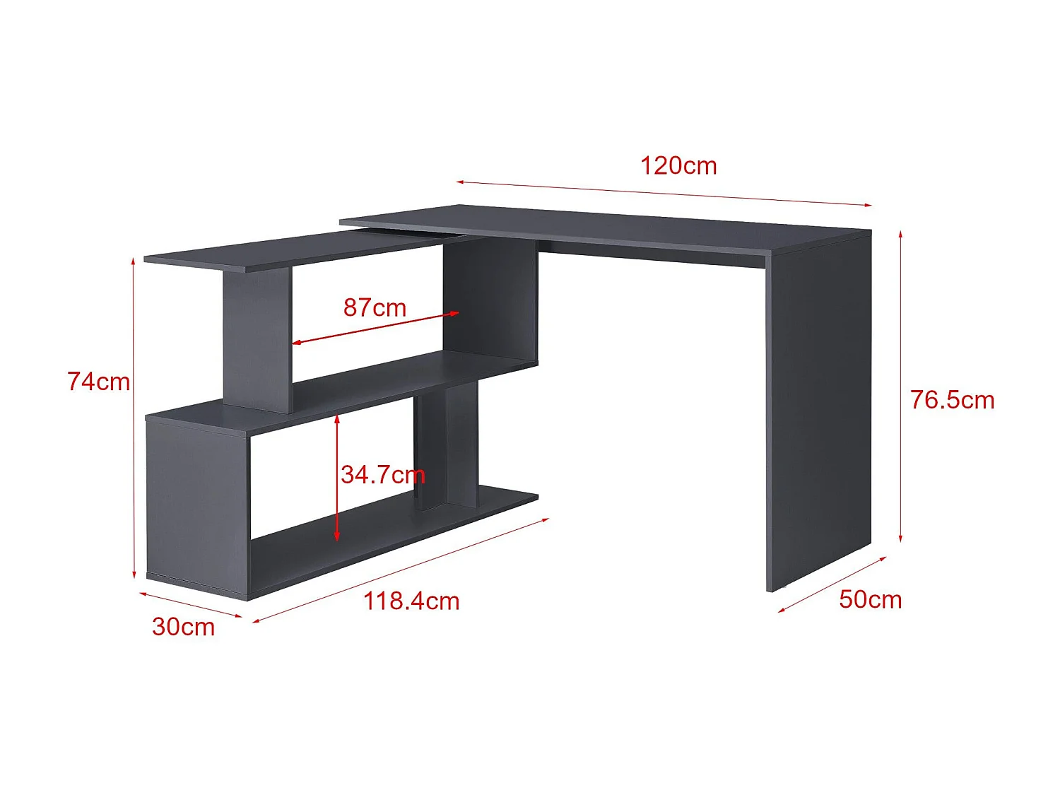 Scrivania impilabile di design con sezione a mensola scrivania angolare pannello di particelle di melaminico 77 x 120 x 50 cm grigio scuro 03_0004708