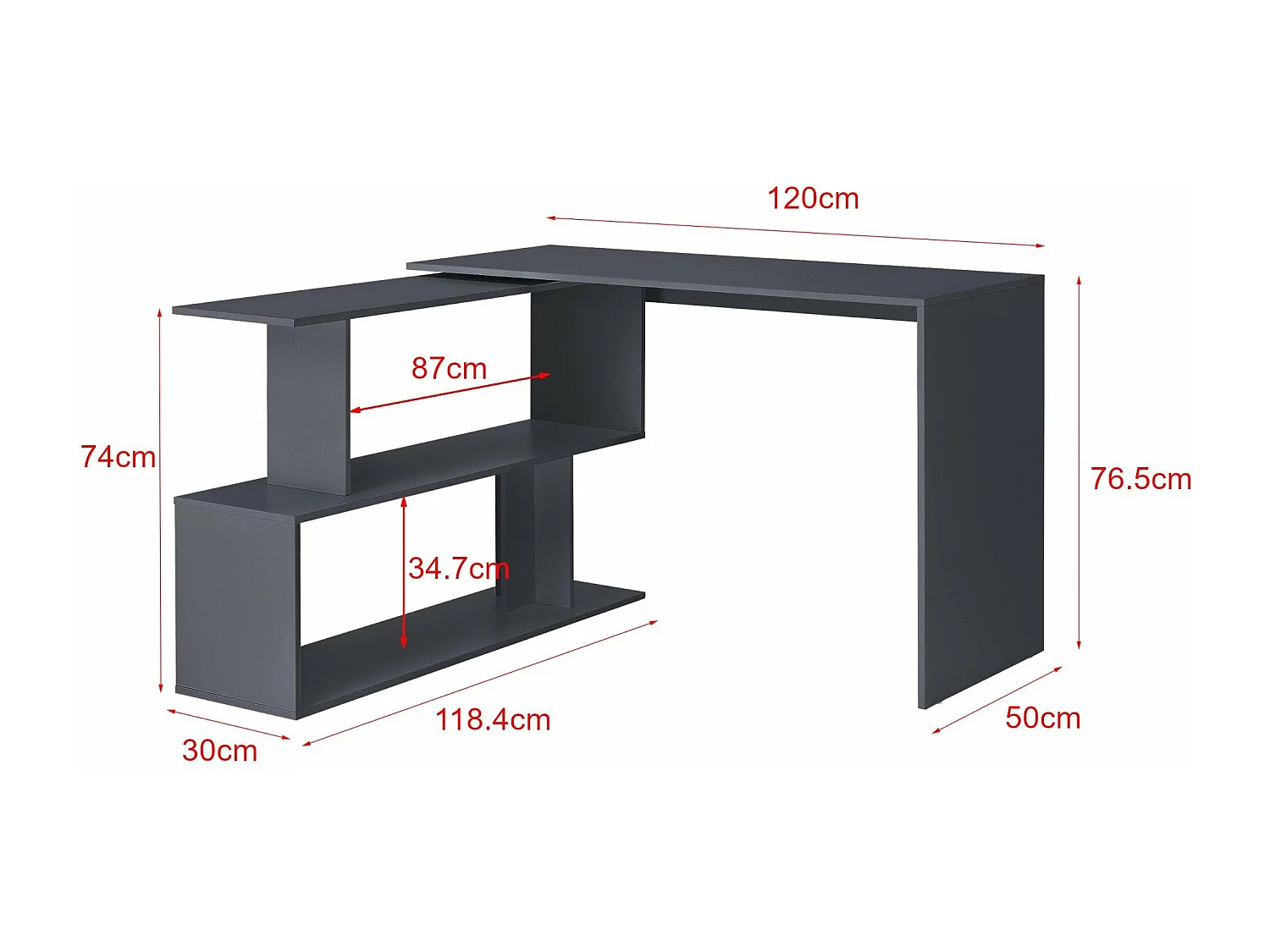 Scrivania impilabile di design con sezione a mensola scrivania angolare pannello di particelle di melaminico 77 x 120 x 50 cm grigio scuro 03_0004708