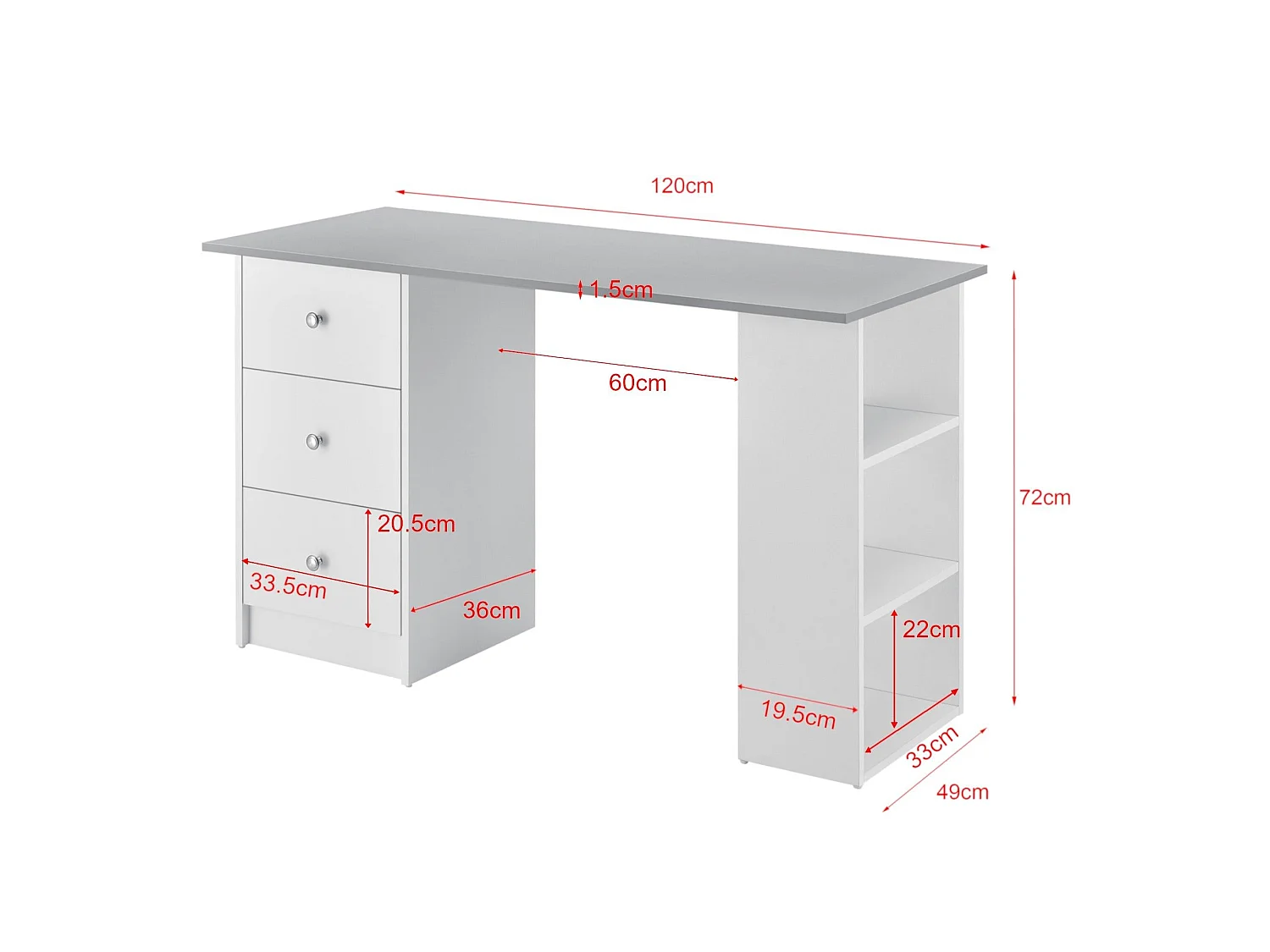Escritorio mesa de oficina puesto de trabajo para ordenador con 3 cajones madera de melamina 120 cm blanco y gris 03_0004710