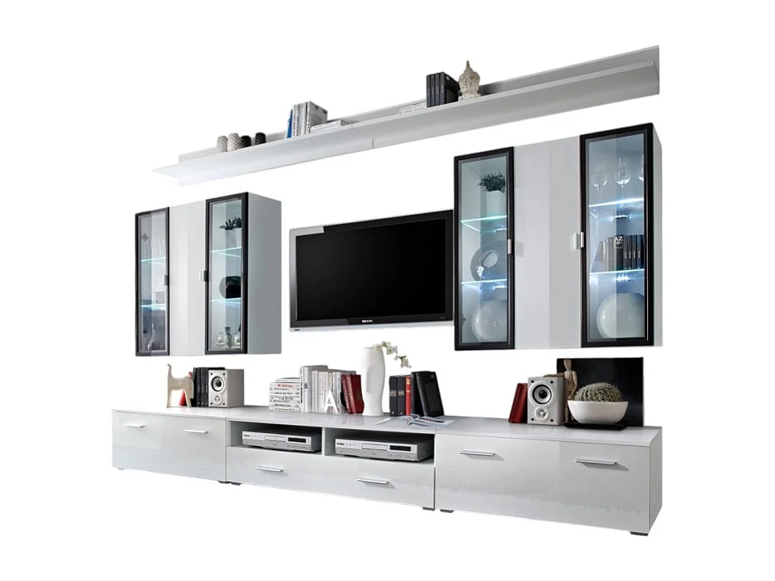 Ensemble meuble salon Iceland blanc de haute brillance avec LED