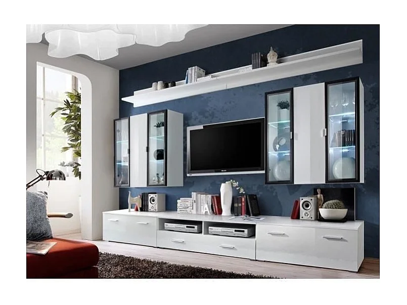 Ensemble meuble salon Iceland blanc de haute brillance avec LED