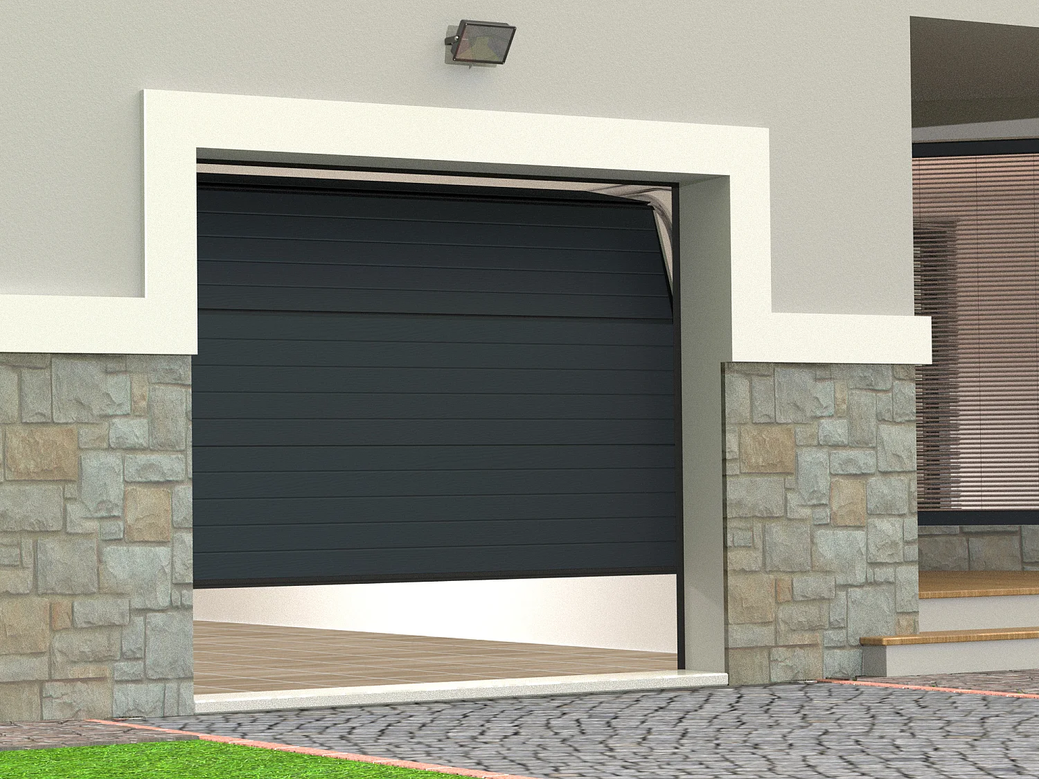 Porta de garagem seccionada efeito ranhurado antracite motorizado C254 x A218 cm - NORIA