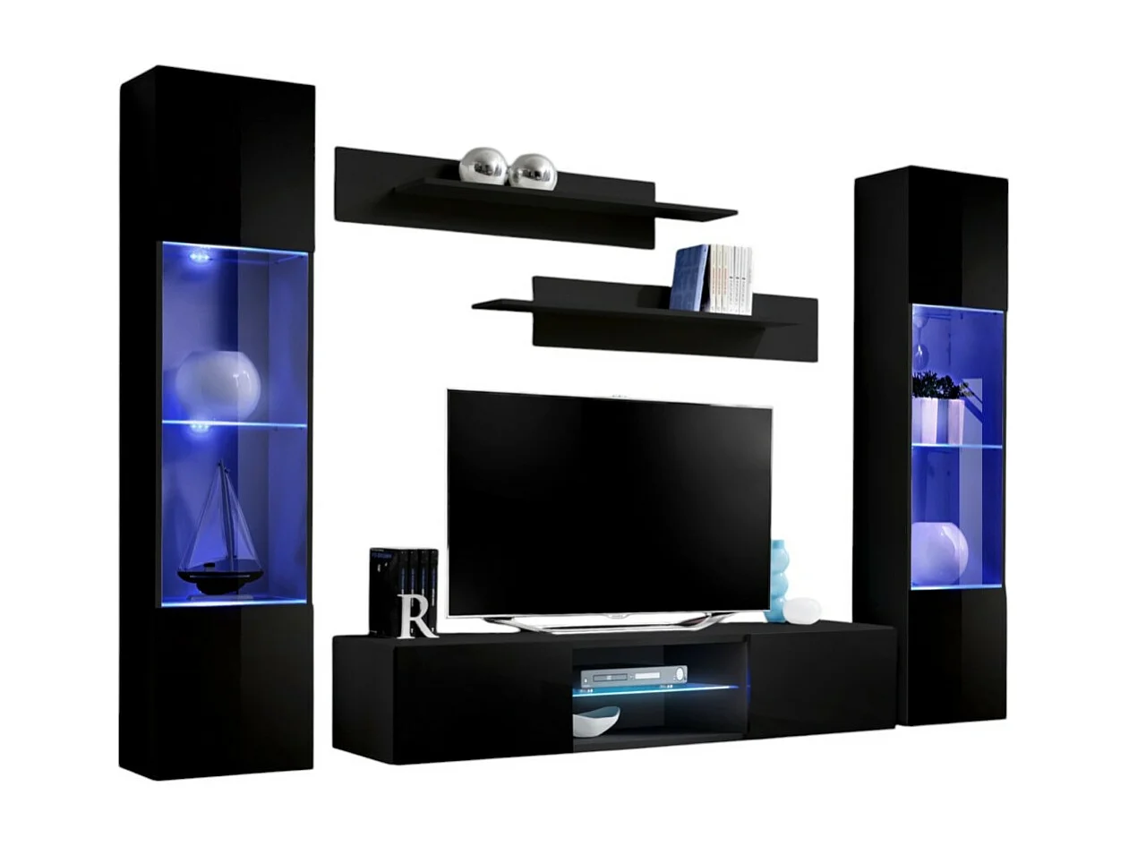Ensemble Meuble TV FLY O3 avec LED – Blanc et Noir – Meuble suspendu design pour votre salon