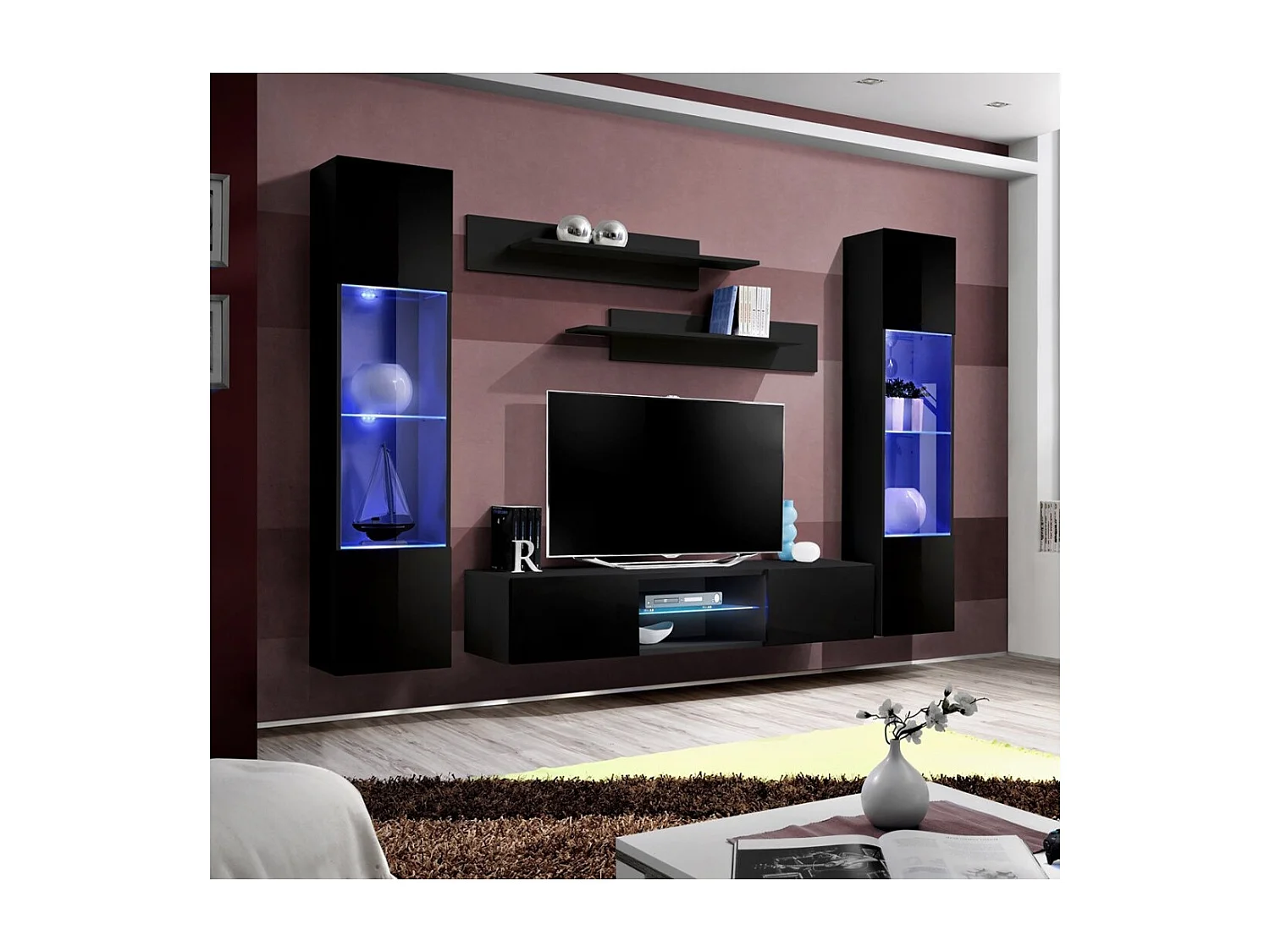Ensemble Meuble TV FLY O3 avec LED – Blanc et Noir – Meuble suspendu design pour votre salon