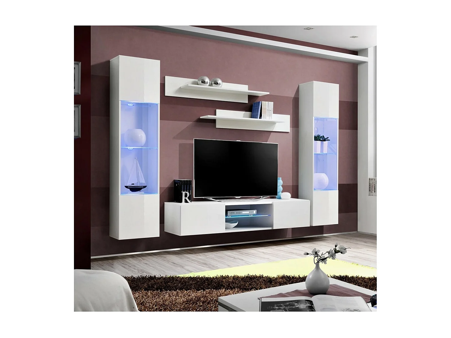 Ensemble Meuble TV FLY O3 avec LED. Coloris blanc. Meuble suspendu design pour votre salon.